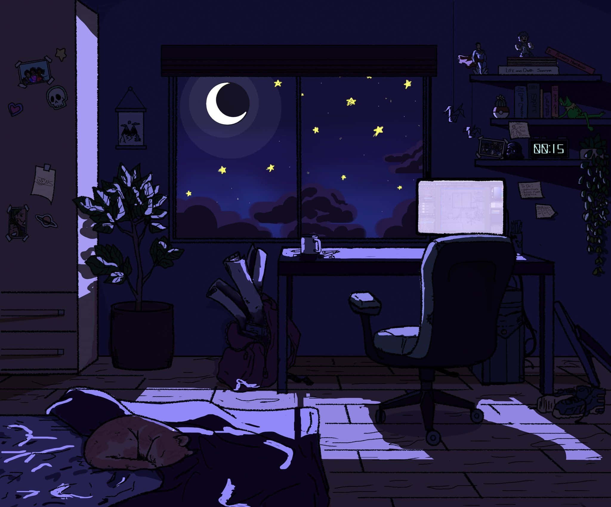 cozy anime, crescent moon, stars, Full HD Desktop Wallpaper