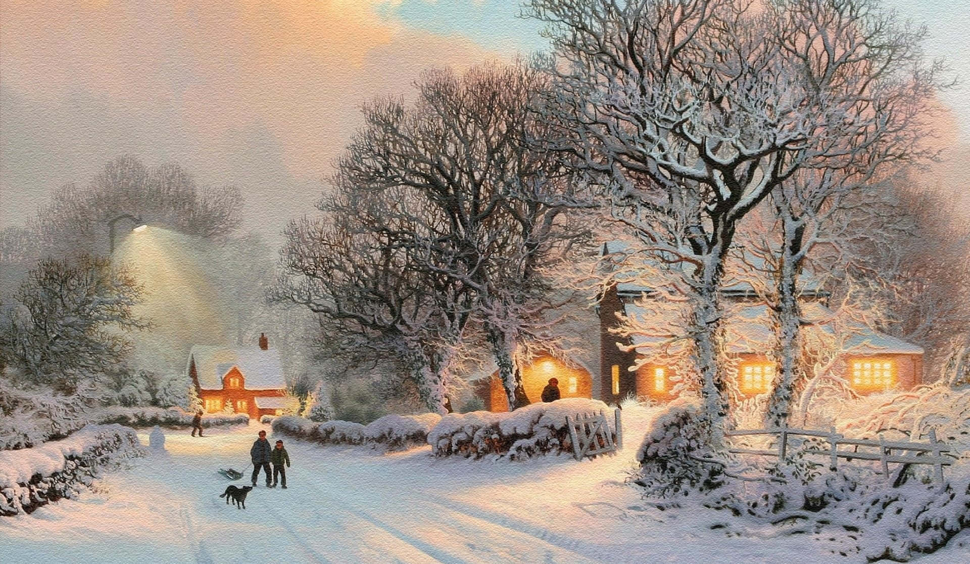 Cozy Anime, snow, quiet village, Full HD Desktop Wallpaper