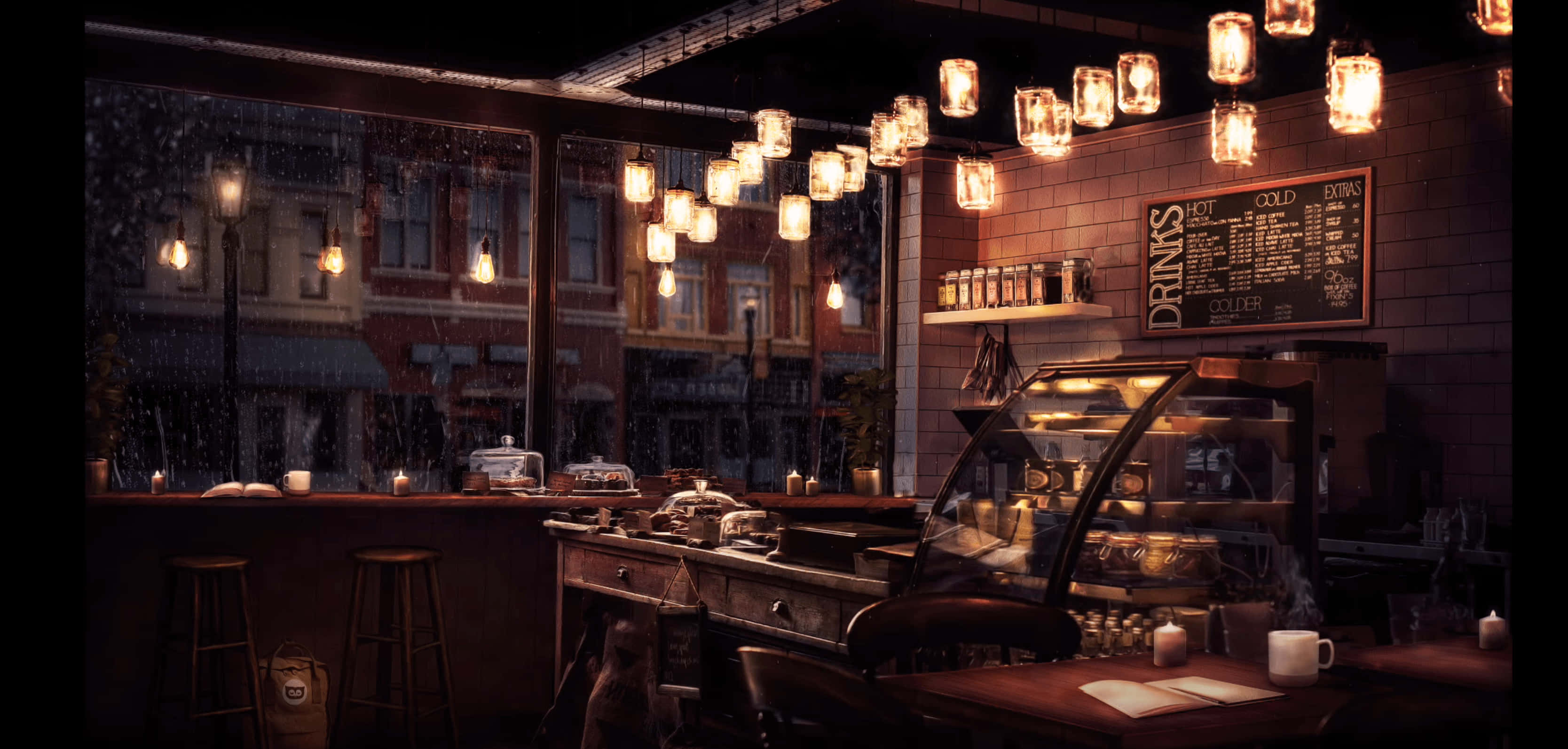 cozy anime, coffee shop, night, 2K Desktop Wallpaper