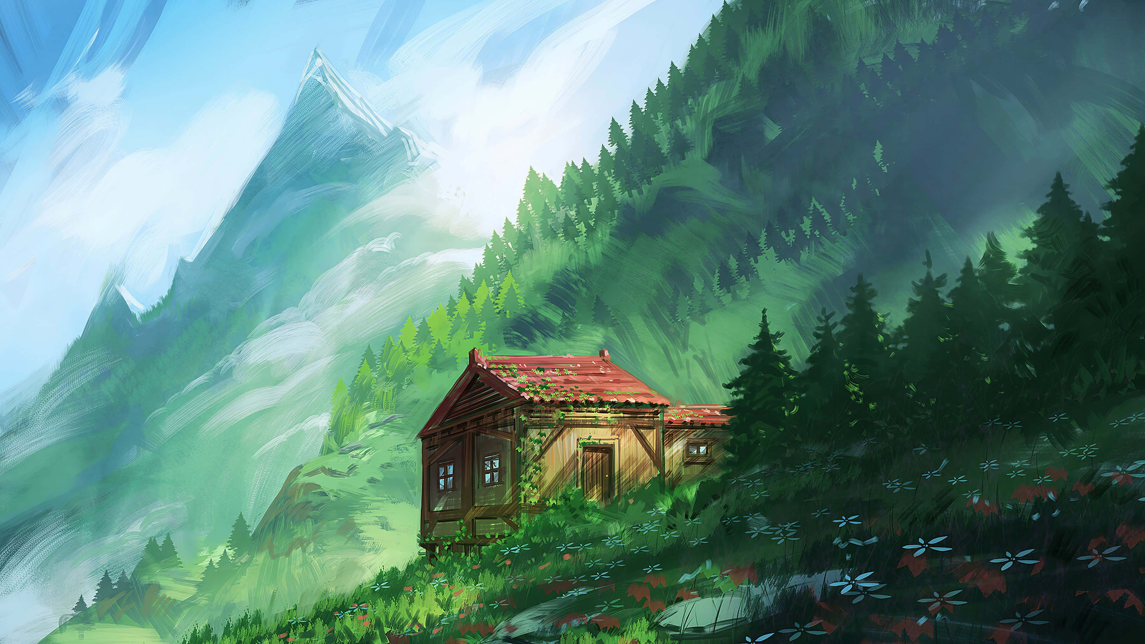 Cozy Anime, wooden cabin, lush green valley, 4K Desktop Wallpaper
