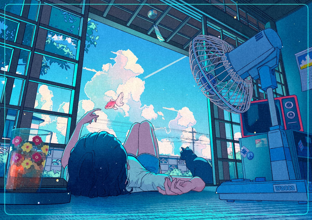 80s anime aesthetic, goldfish, bright blue sky, SD Desktop Wallpaper