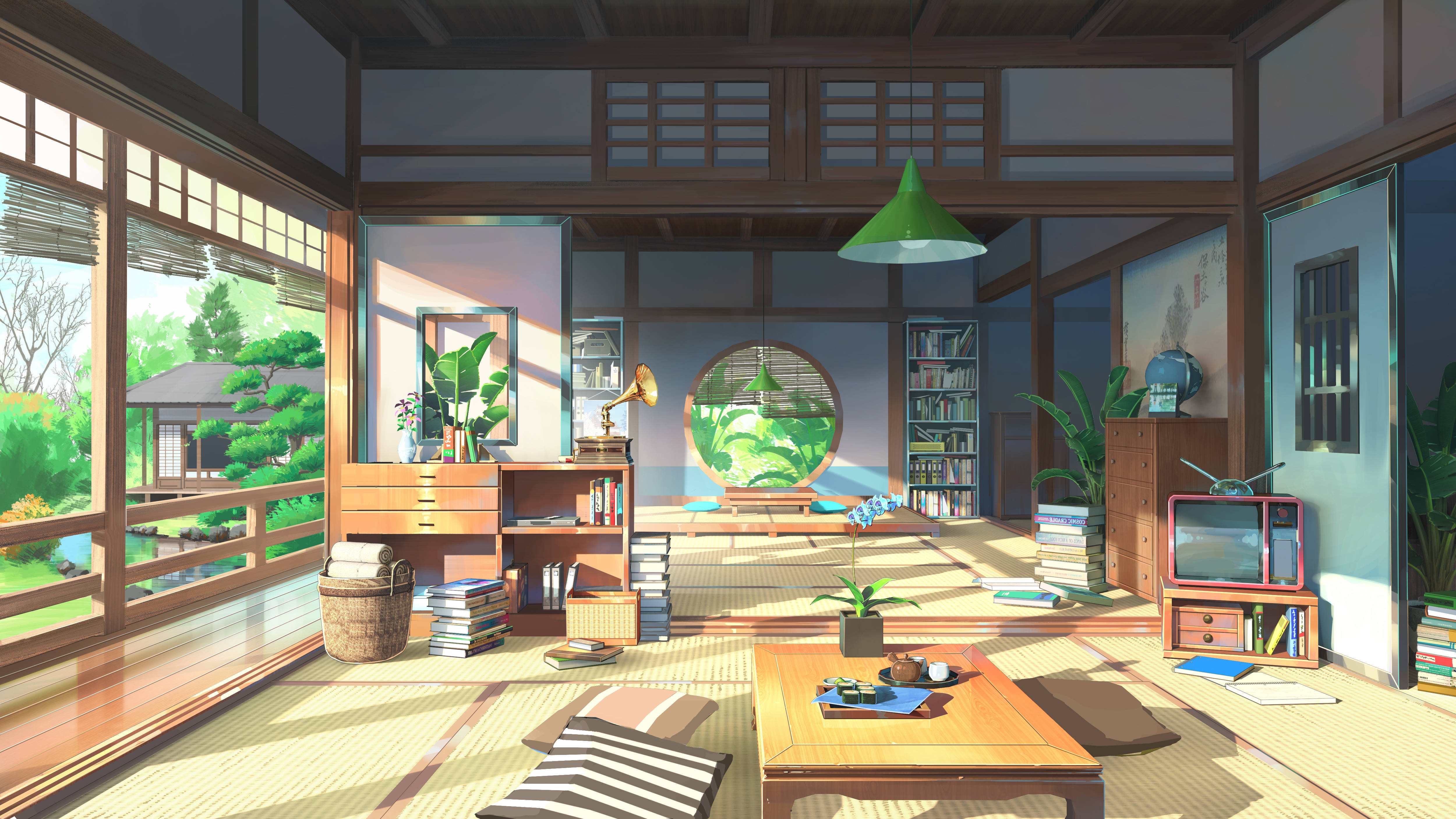 traditional Japanese room, wooden shoji doors, sunlight, 4K Desktop Wallpaper