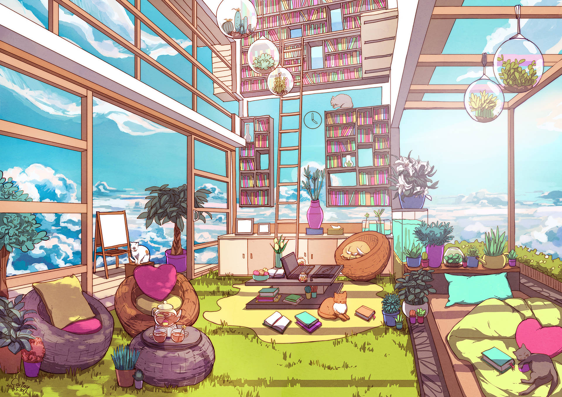 colorful fantasy anime bedroom, Vibrant Anime Inspired Bedroom, sunroom, Full HD Desktop Wallpaper