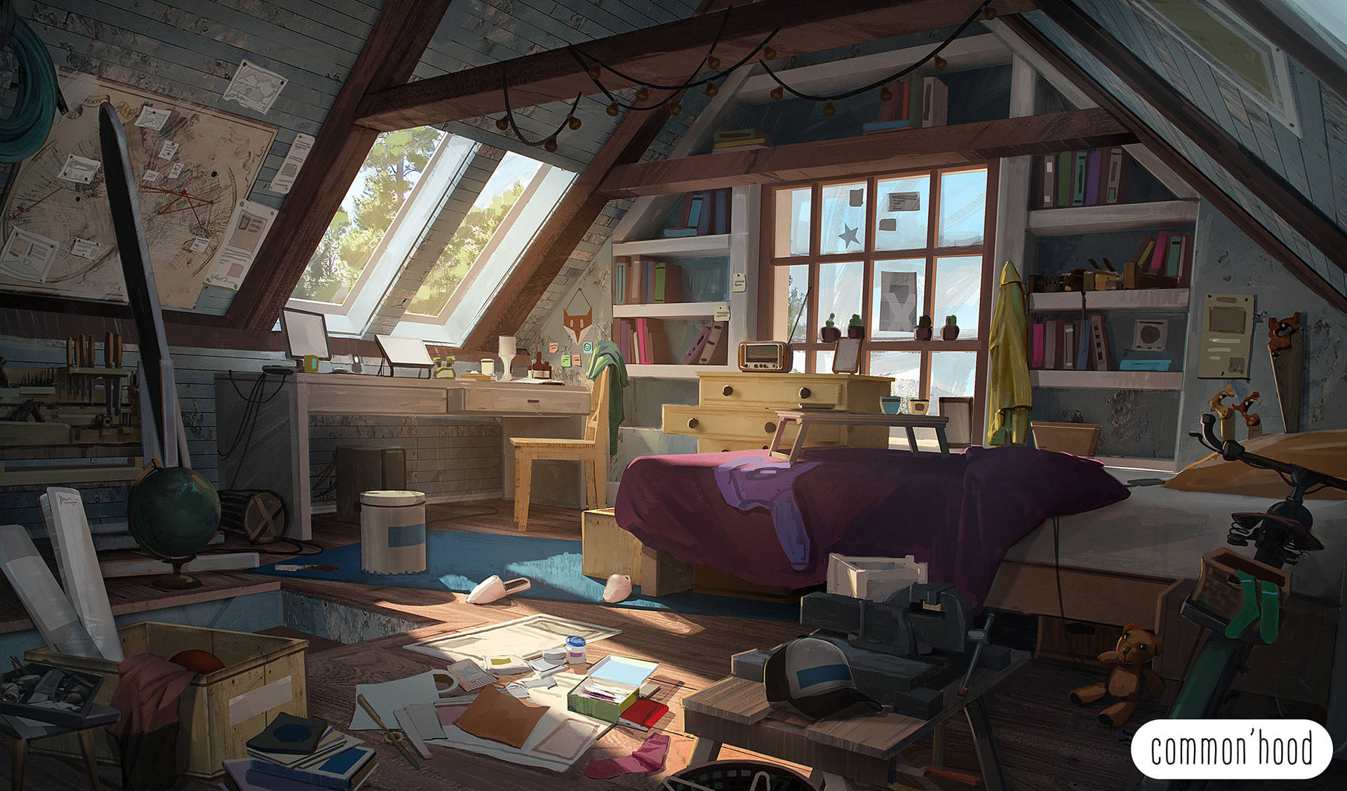 attic anime bedroom, skylights, sunlight, Full HD Desktop Wallpaper