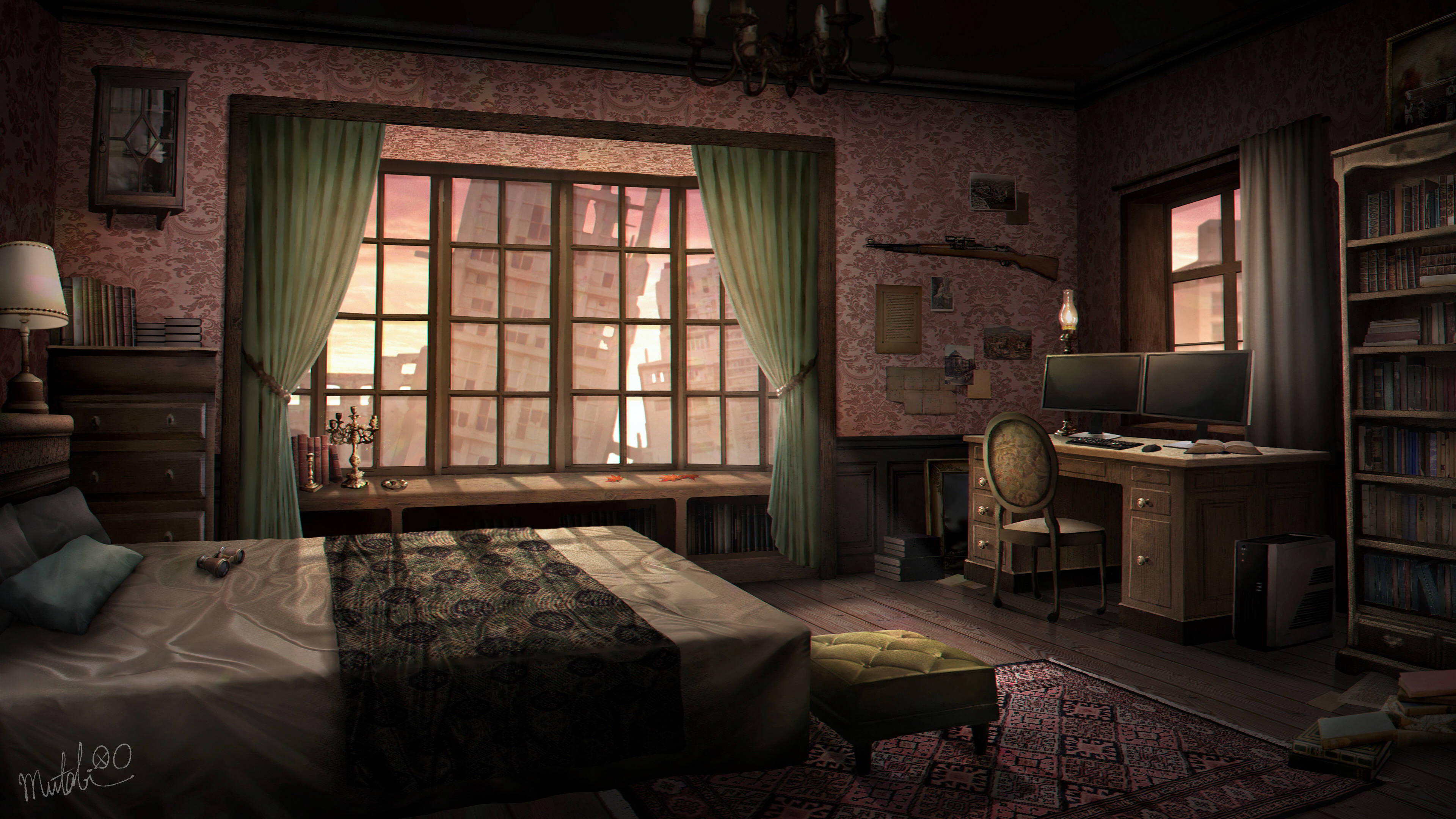 gloomy anime bedroom, vintage bedroom, patterned wallpaper, 4K Desktop Wallpaper