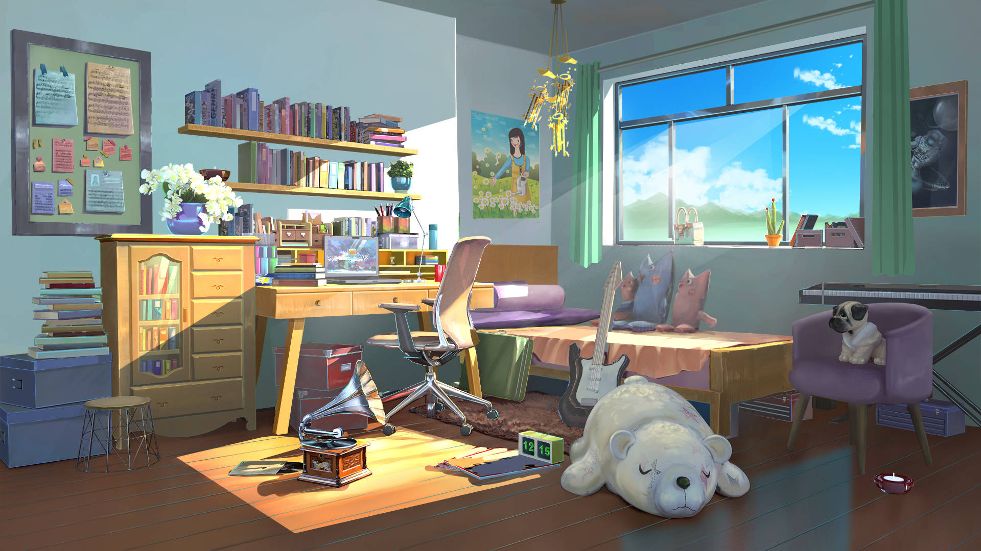 Anime Dream Bedroom, sunlit, cozy bedroom, Full HD Desktop Wallpaper