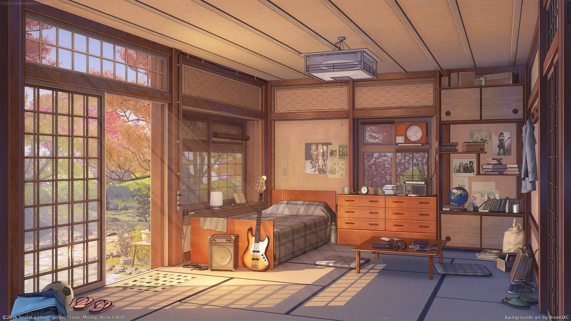 shoji doors, cozy wooden bedroom, guitar amp, HD Desktop Wallpaper