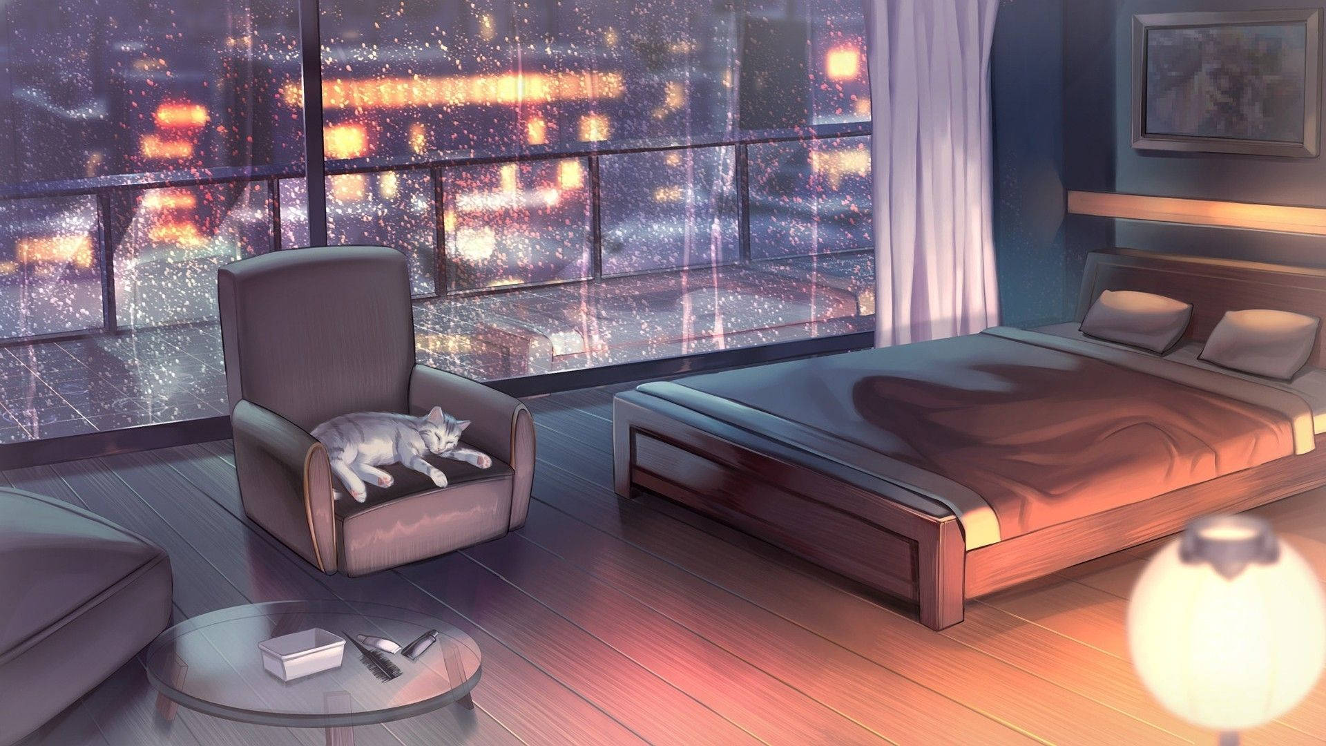 Modern Anime Room, anime-style bedroom, cat sleeping in a chair, Full HD Desktop Wallpaper