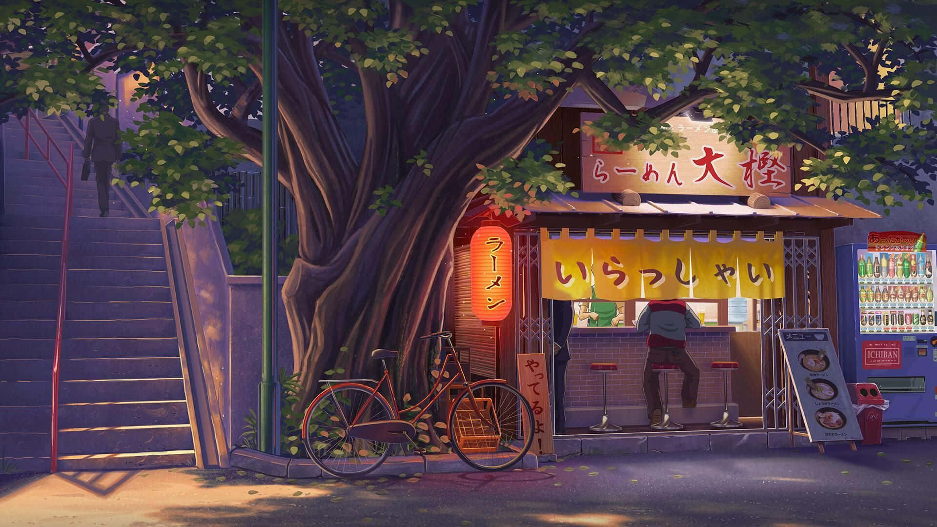 Cozy Anime, Japanese ramen shop, giant tree, Full HD Desktop Wallpaper