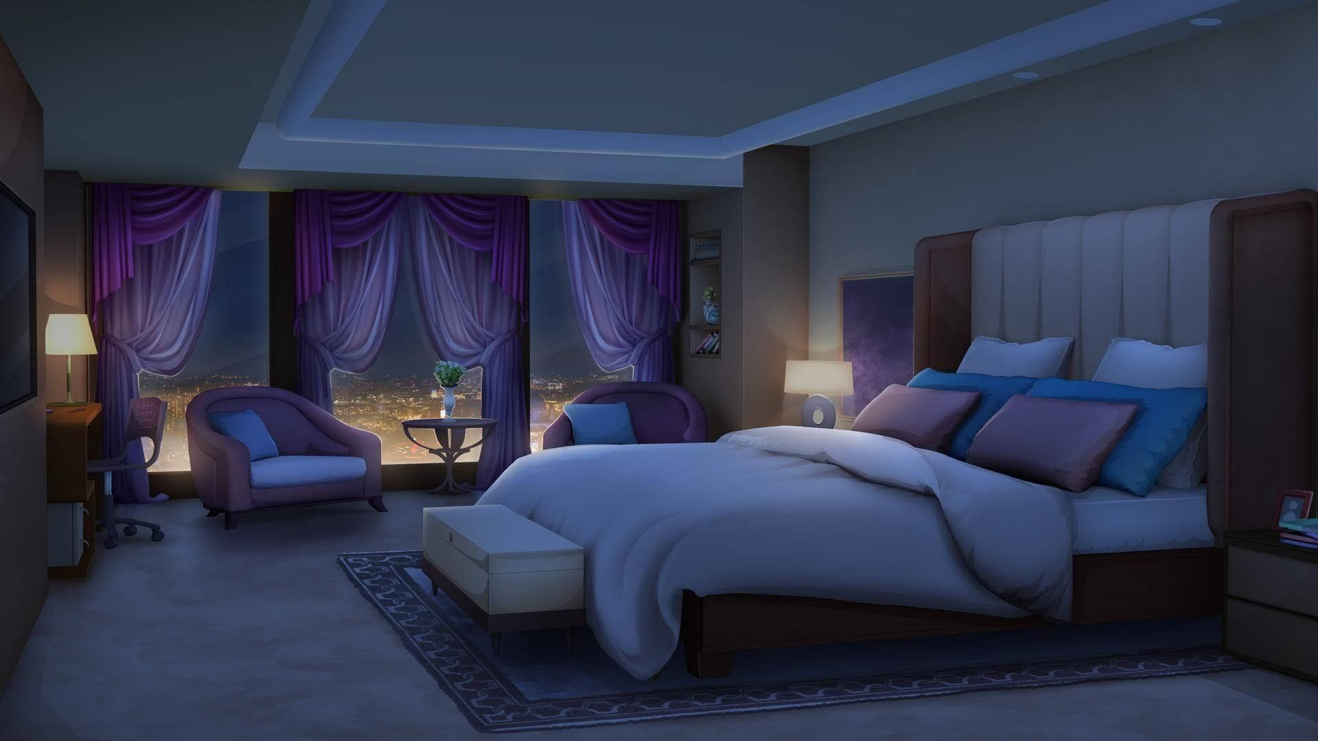 Luxury Anime Room, cozy hotel bedroom, purple drapes, Full HD Desktop Wallpaper