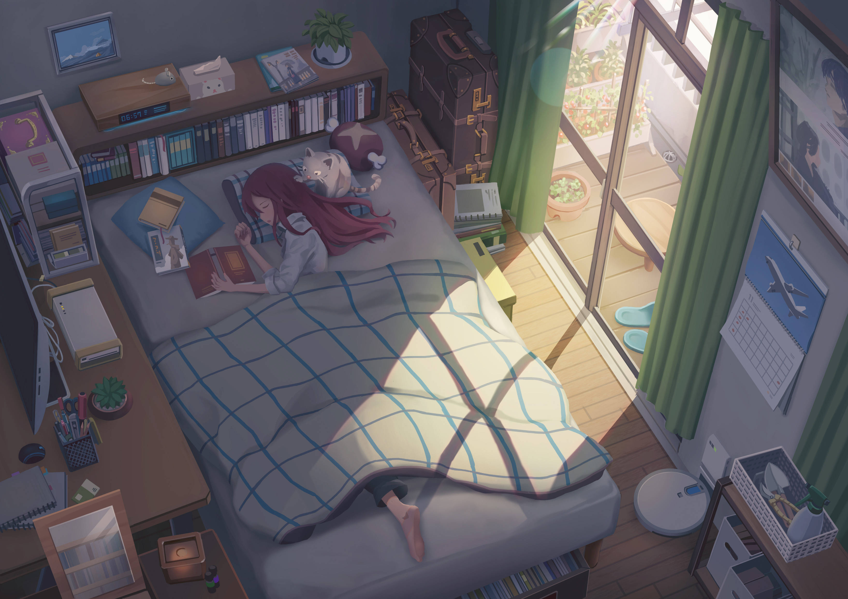 red-haired anime girl, book, bed, 2K Desktop Wallpaper
