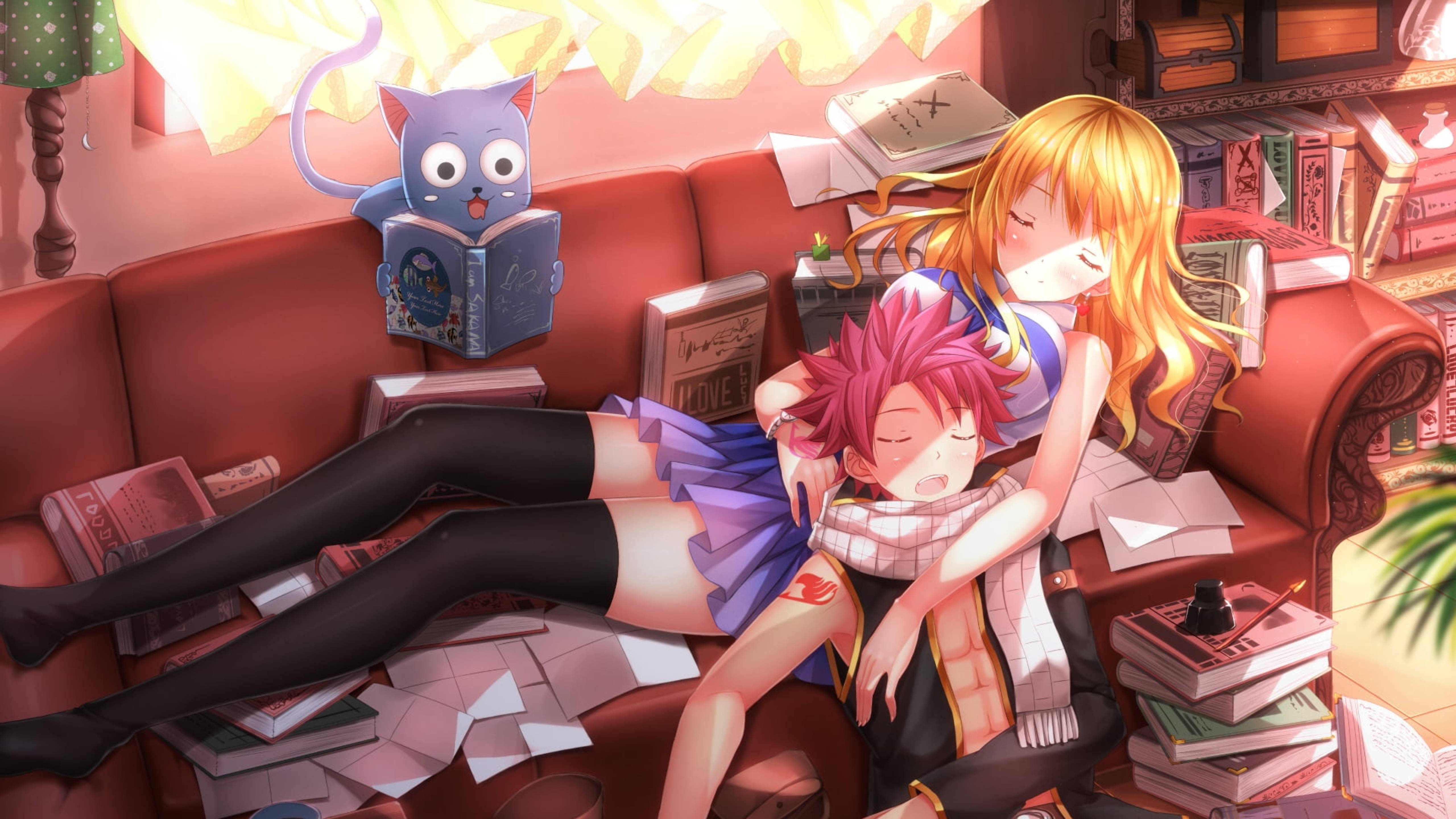 cute anime couple, sleeping on couch, red sofa, 5K Desktop Wallpaper