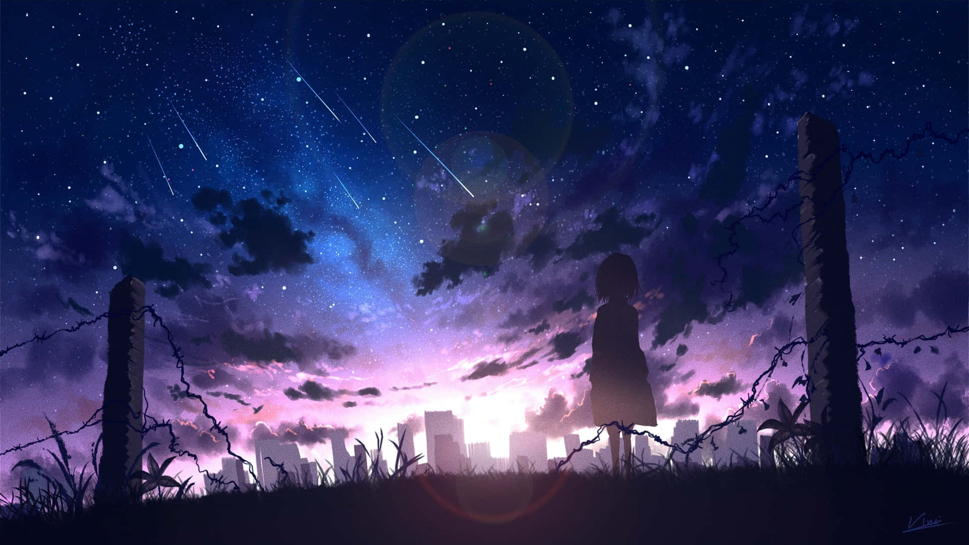 Anime Night Scenery, lone girl, barbed wire, Full HD Desktop Wallpaper