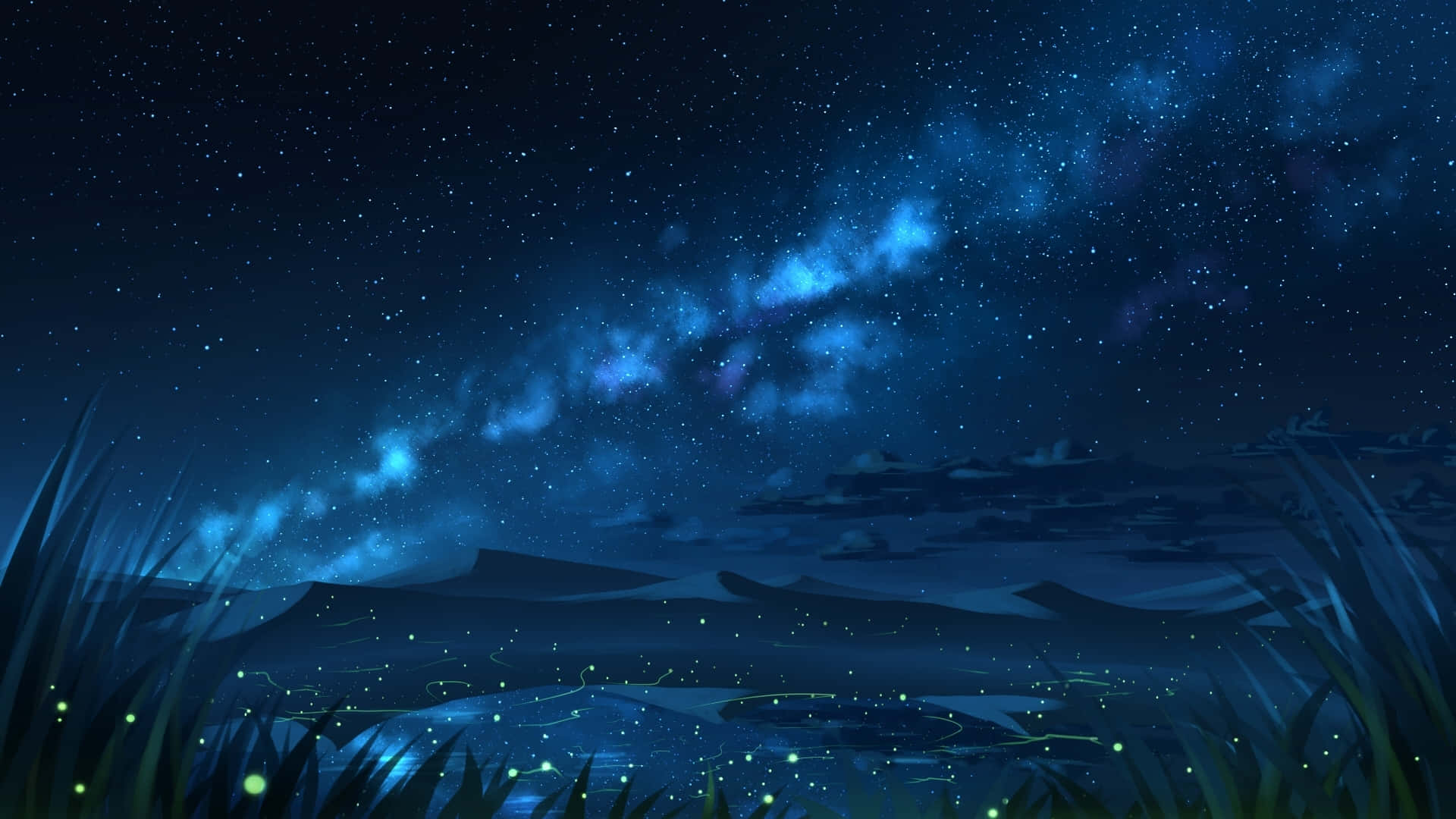 anime night, glowing galaxy, tranquil lake, Full HD Desktop Wallpaper
