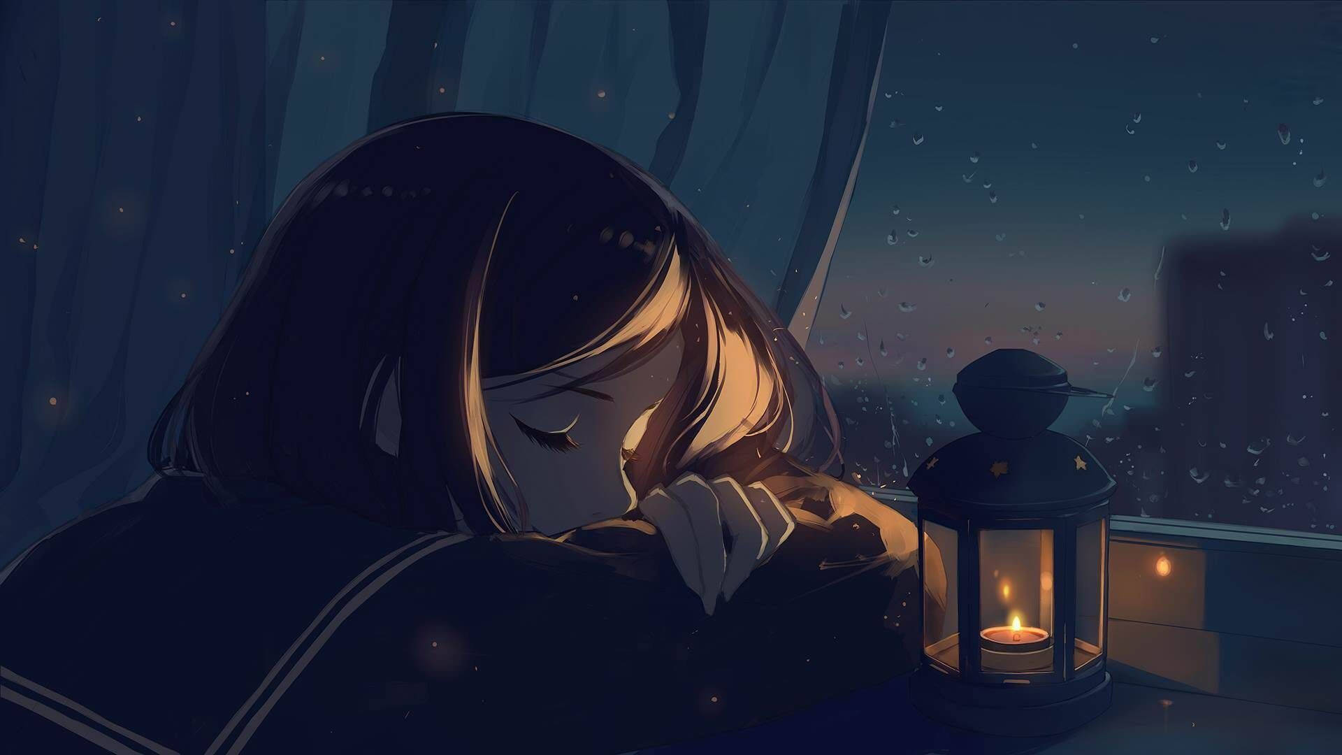 anime girl, rain-streaked window, glowing lantern, Full HD Desktop Wallpaper