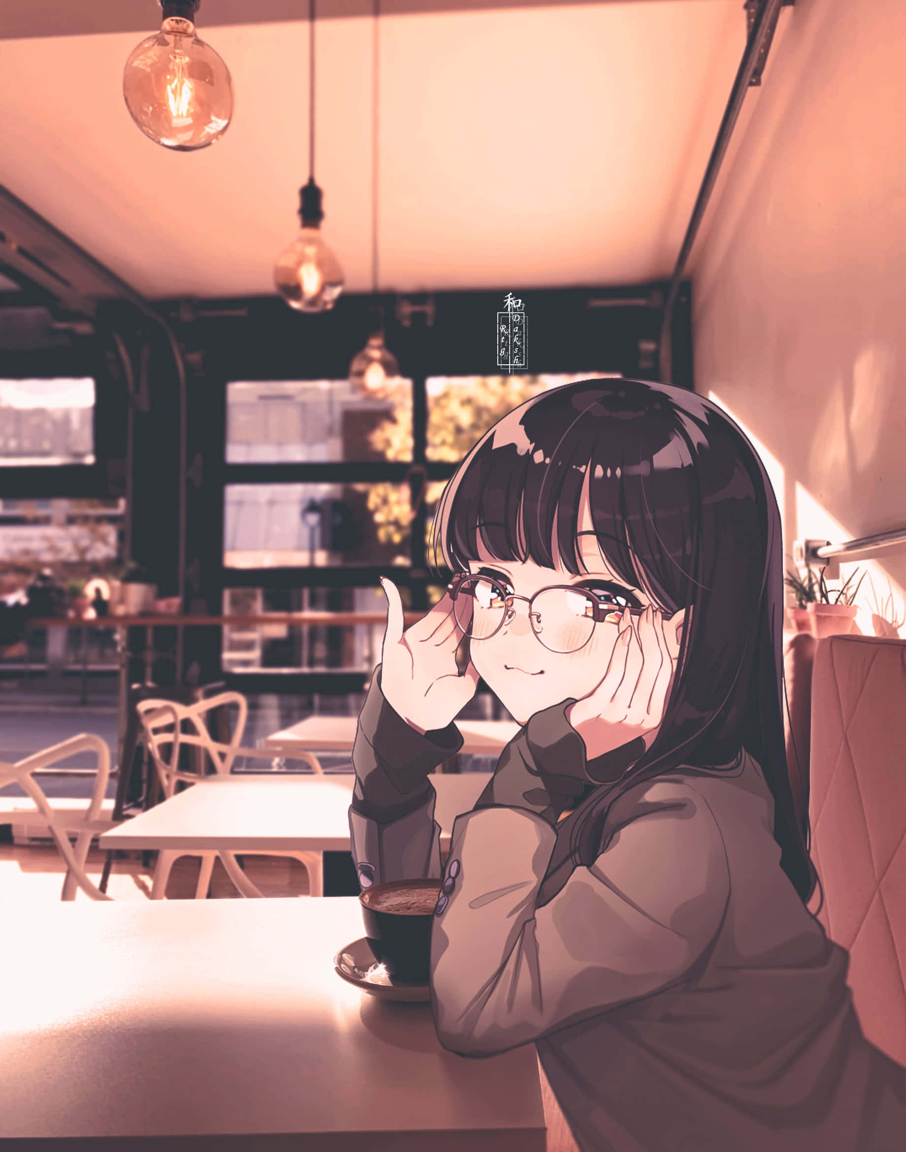 anime girl with glasses, café table, warm pendant lights, Full HD Phone Wallpaper