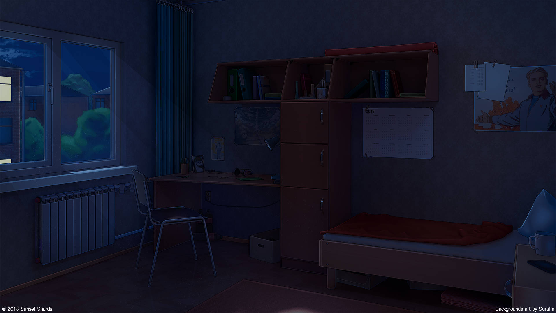 Night View Anime Bedroom, wooden desk chair bed, bookshelf, Full HD Desktop Wallpaper