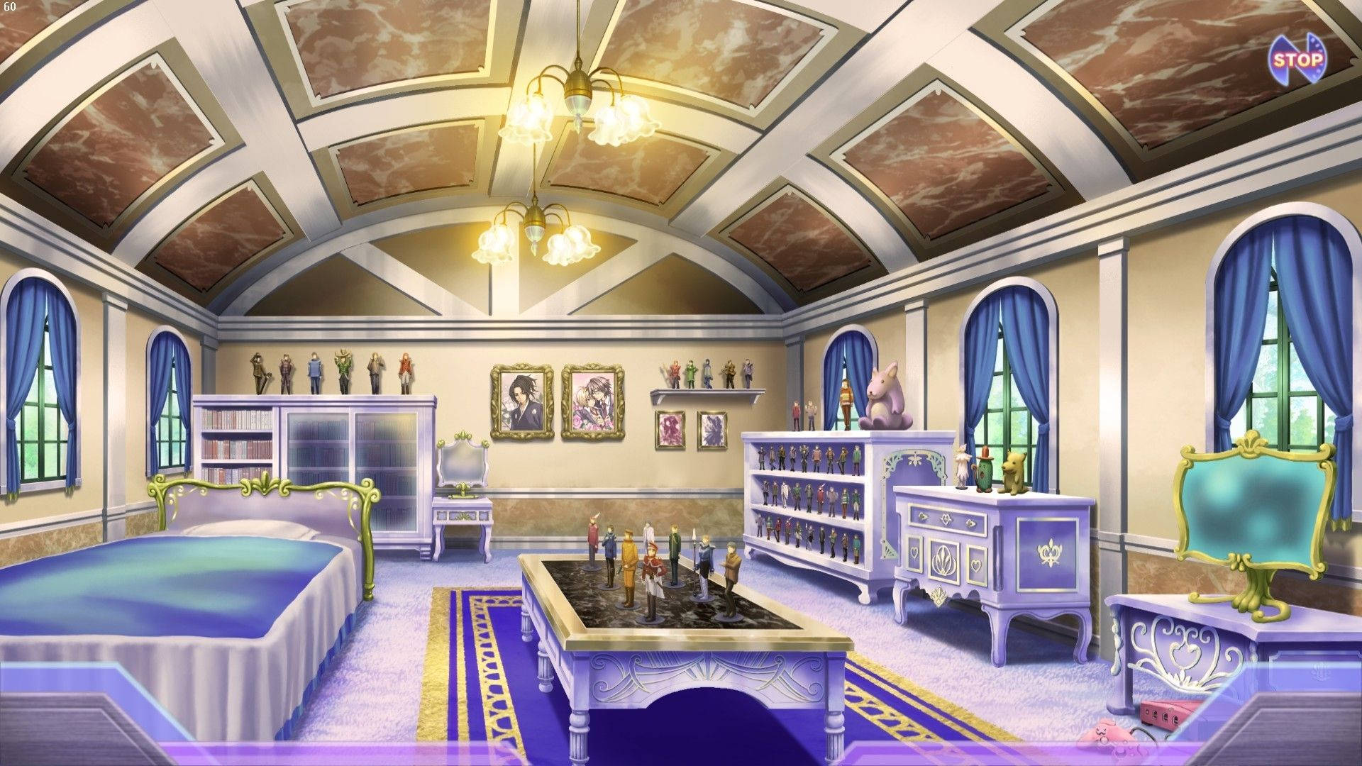 elegant anime room, Cozy Anime Room in Evening Light, purple furniture, Full HD Desktop Wallpaper