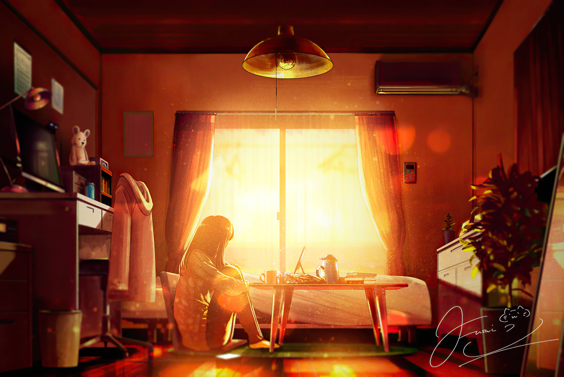 orange anime bedroom, Vibrant Orange Anime-Inspired Bedroom, golden sunset glow, Full HD Desktop Wallpaper