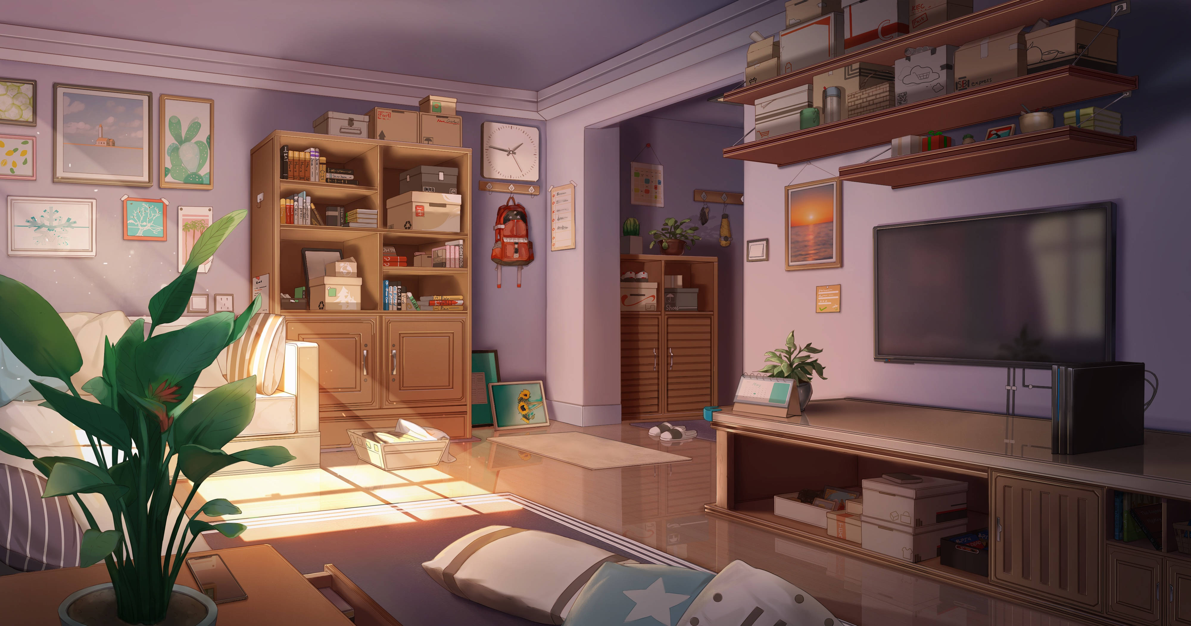 anime bedroom, cozy purple living room, sunlight, 4K Desktop Wallpaper