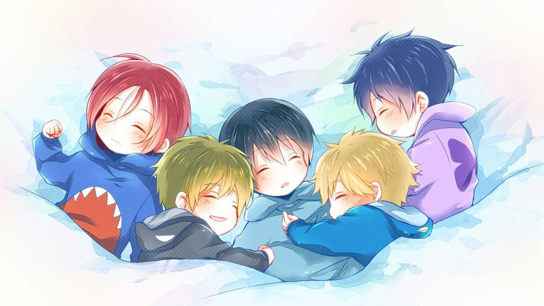 chibi anime character, anime boys in hoodies, soft bed, HD Desktop Wallpaper