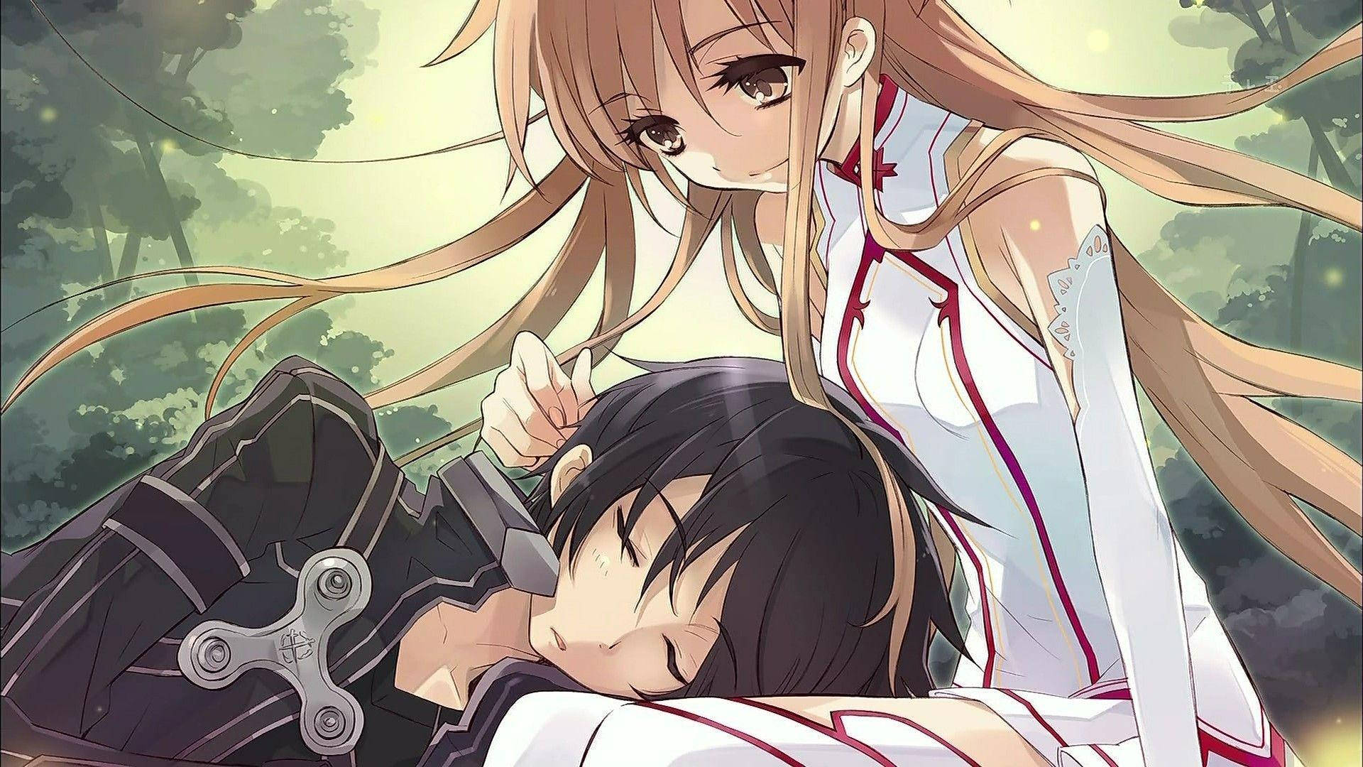 anime couple, long brown hair, sleeping boy, Full HD Desktop Wallpaper