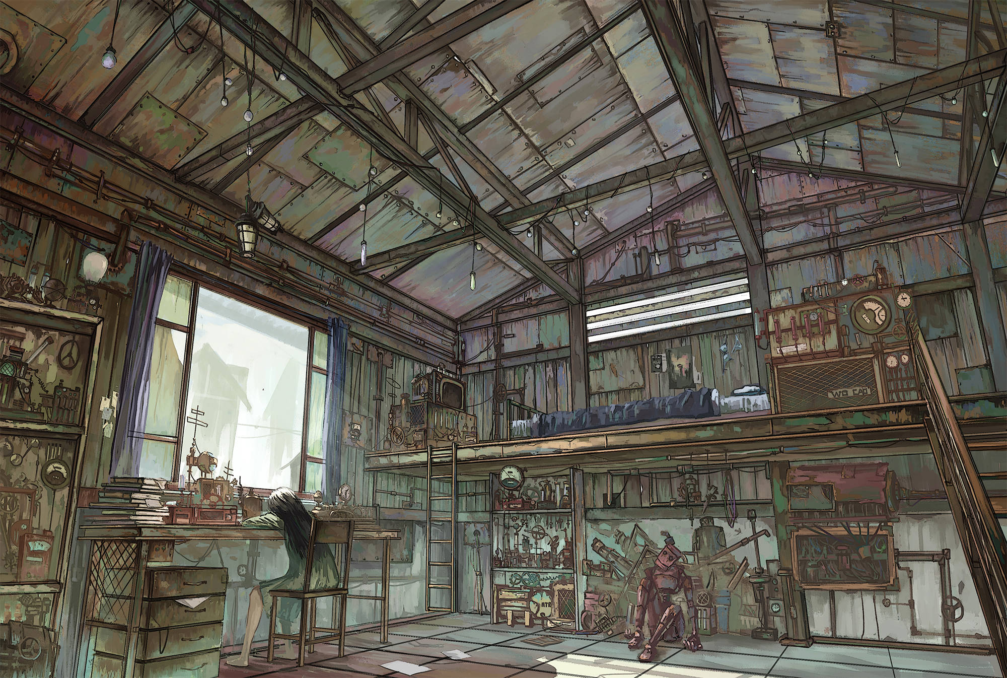 antique anime bedroom, vast rusted industrial loft, vintage machinery, Full HD Desktop Wallpaper