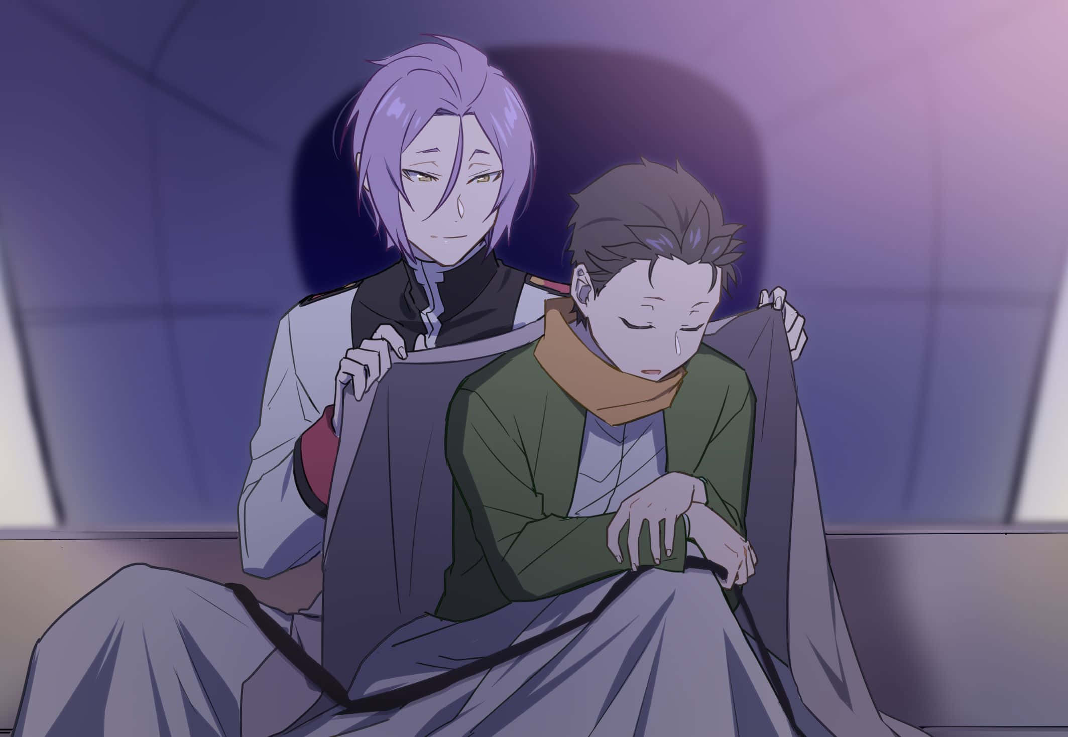 purple-haired anime character, brown-haired companion, sleeping, Full HD Desktop Wallpaper
