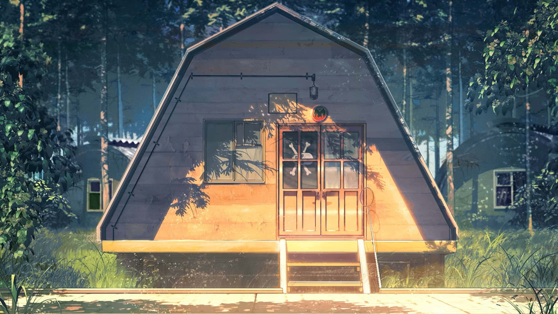 a-frame cabin, golden sunlight, tall trees, Full HD Desktop Wallpaper