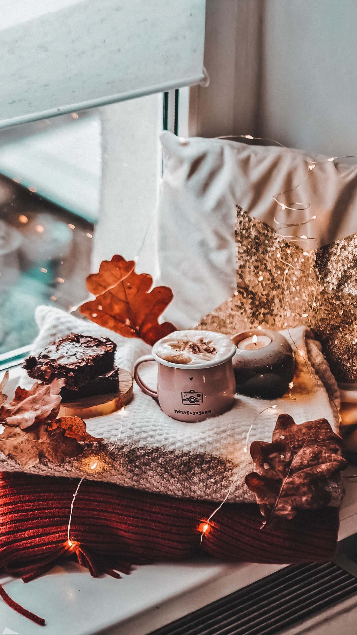 Cozy Autumn Aesthetic, window seat, warm drinks, Full HD Phone Wallpaper