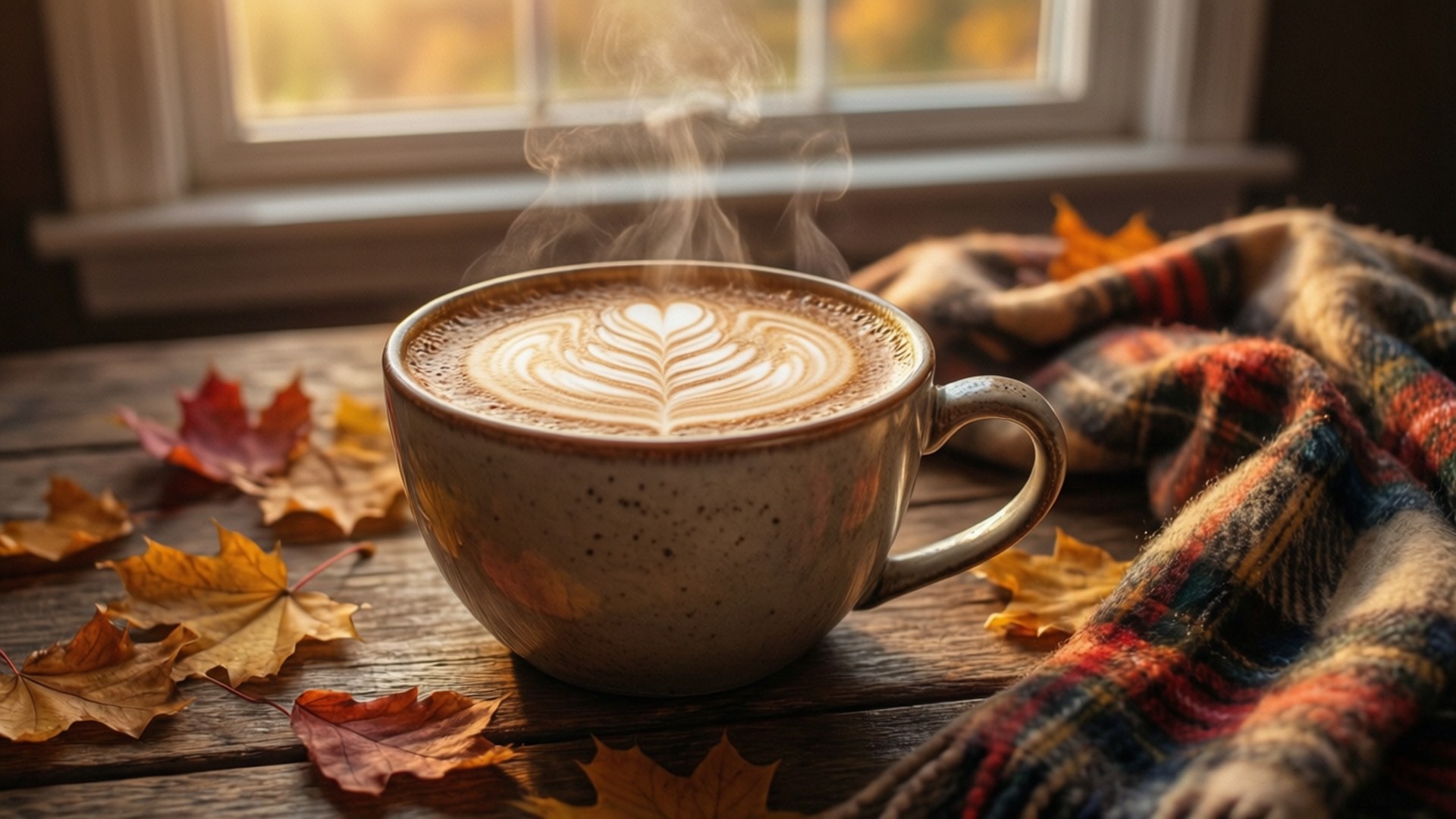 pumpkin spice latte, cozy autumn scene, warm light, Full HD Desktop Wallpaper