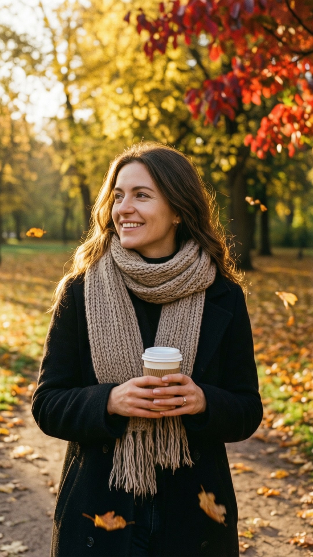 autumn park, falling leaves, woman walking, Full HD Phone Wallpaper