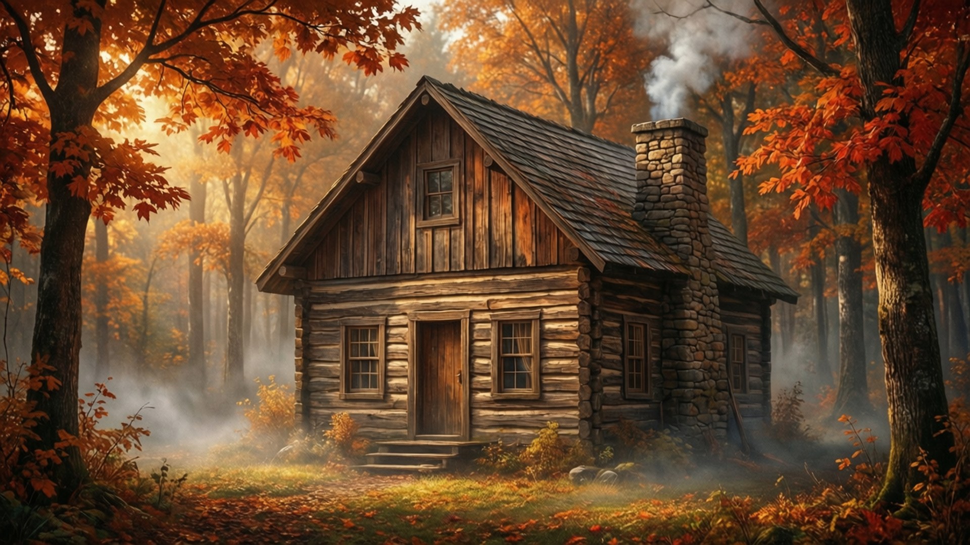 cabin in the woods, wooden cabin, misty autumn forest, Full HD Desktop Wallpaper