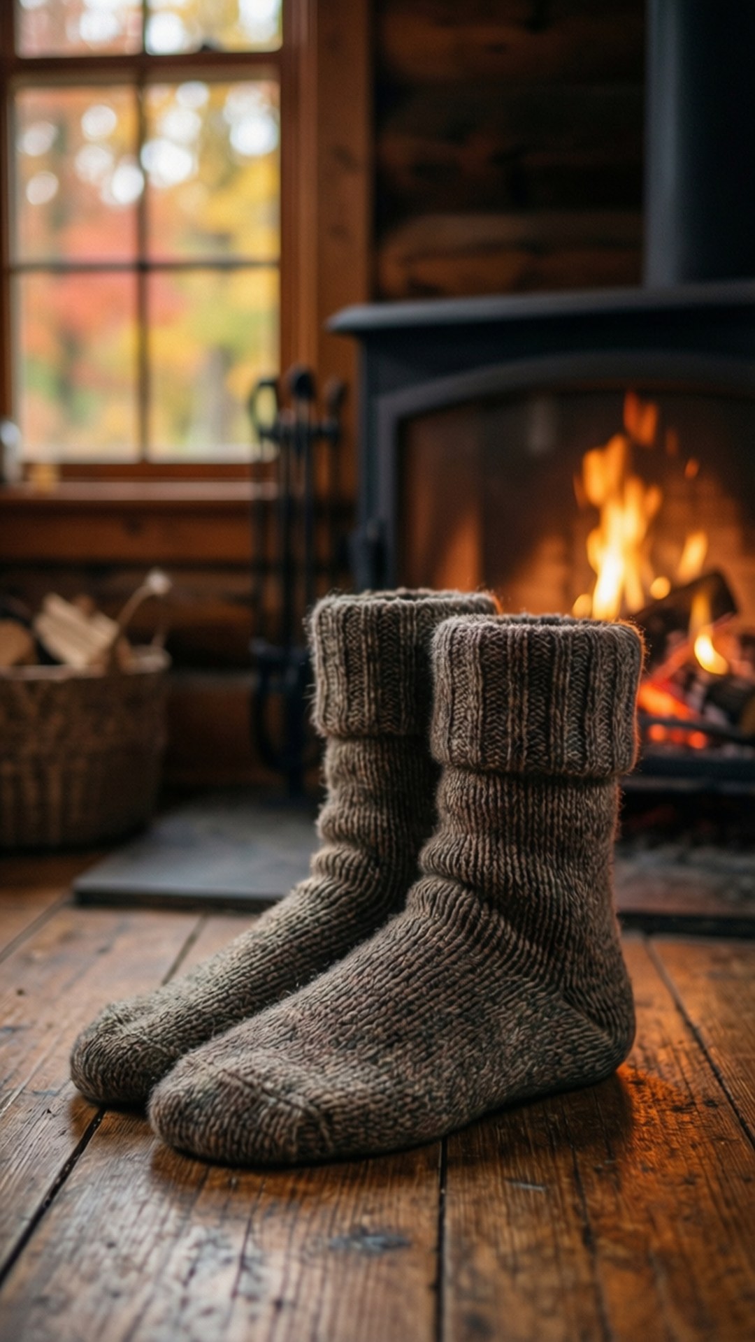 knitted socks, fireplace, autumn indoor scene, Full HD Phone Wallpaper
