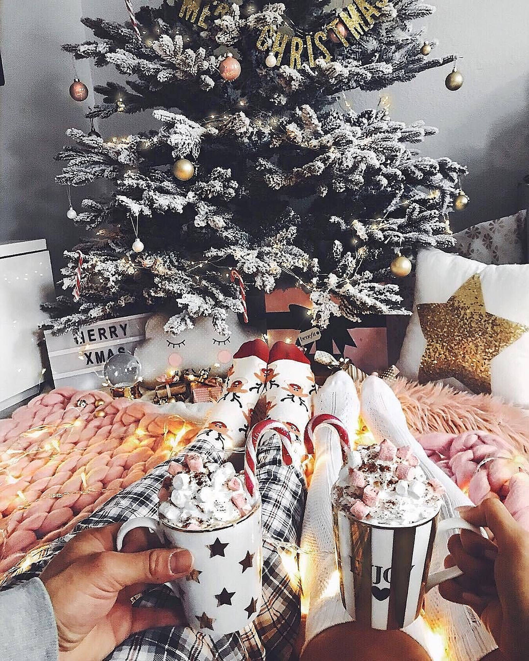 Cozy Christmas Aesthetic, festive socks, hot cocoa, Full HD Phone Wallpaper