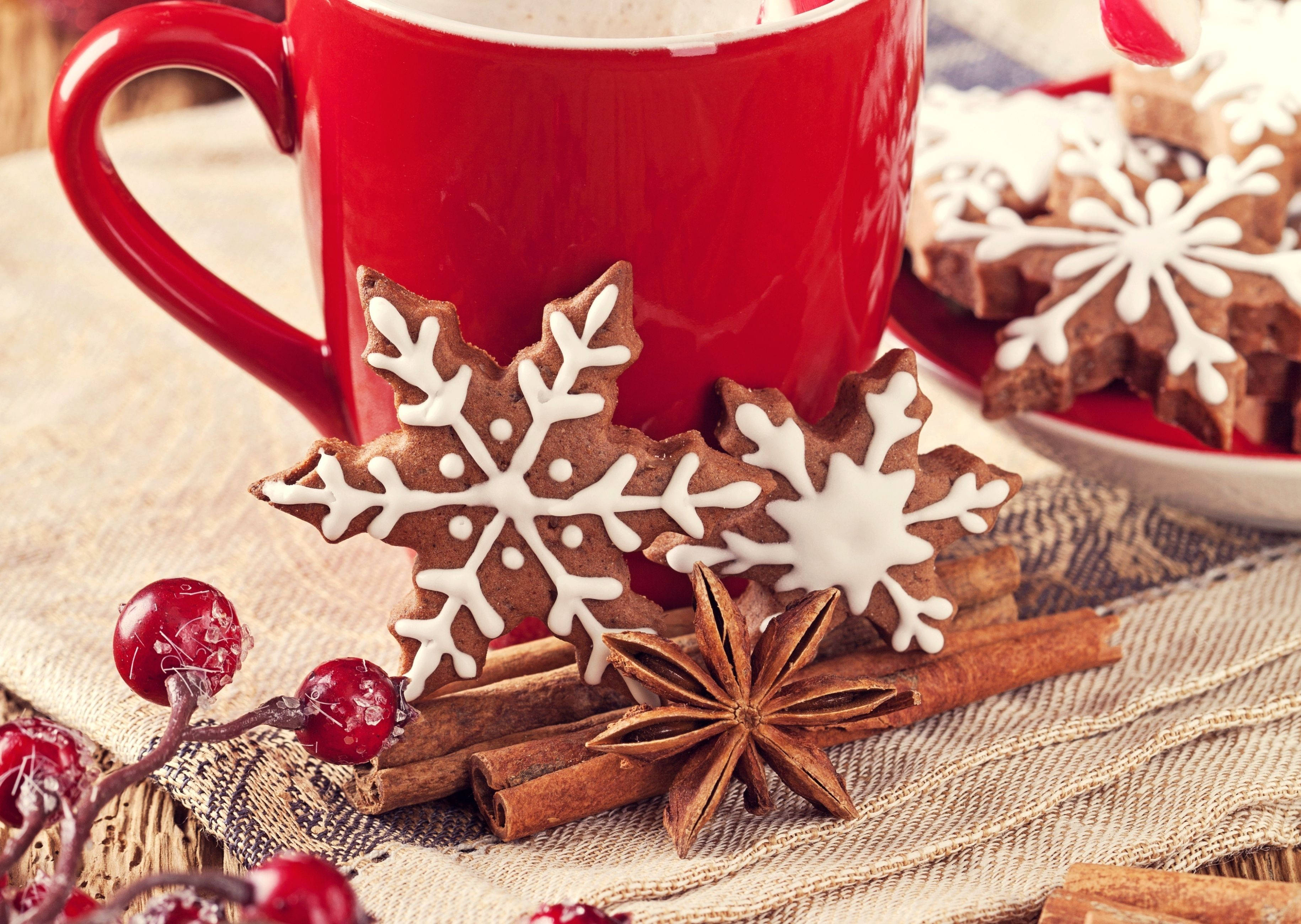 cozy christmas aesthetic, red mug, snowflake cookies, 2K Desktop Wallpaper