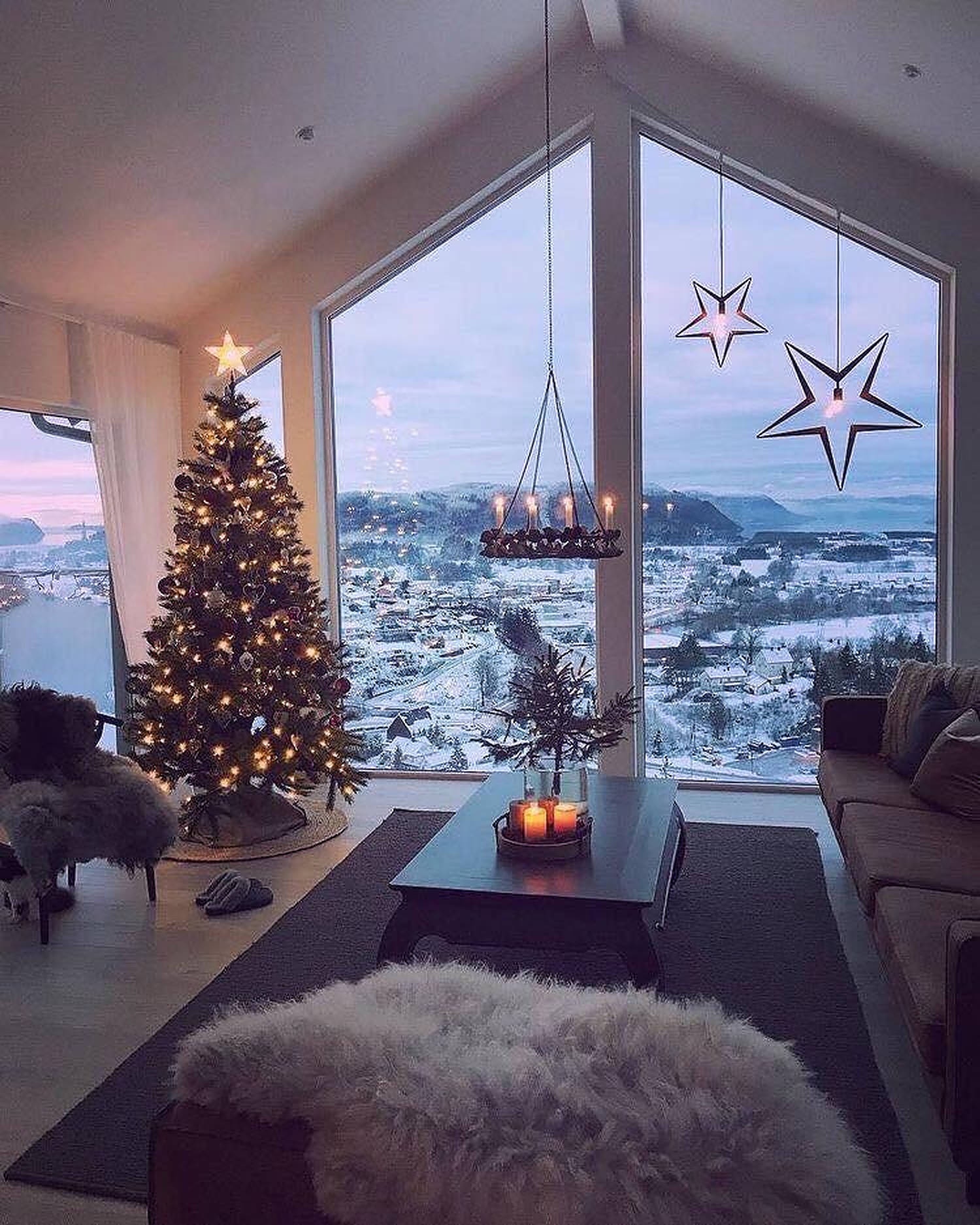 Cozy Christmas Aesthetic, lit Christmas tree, snowy mountain view, HD Phone Wallpaper