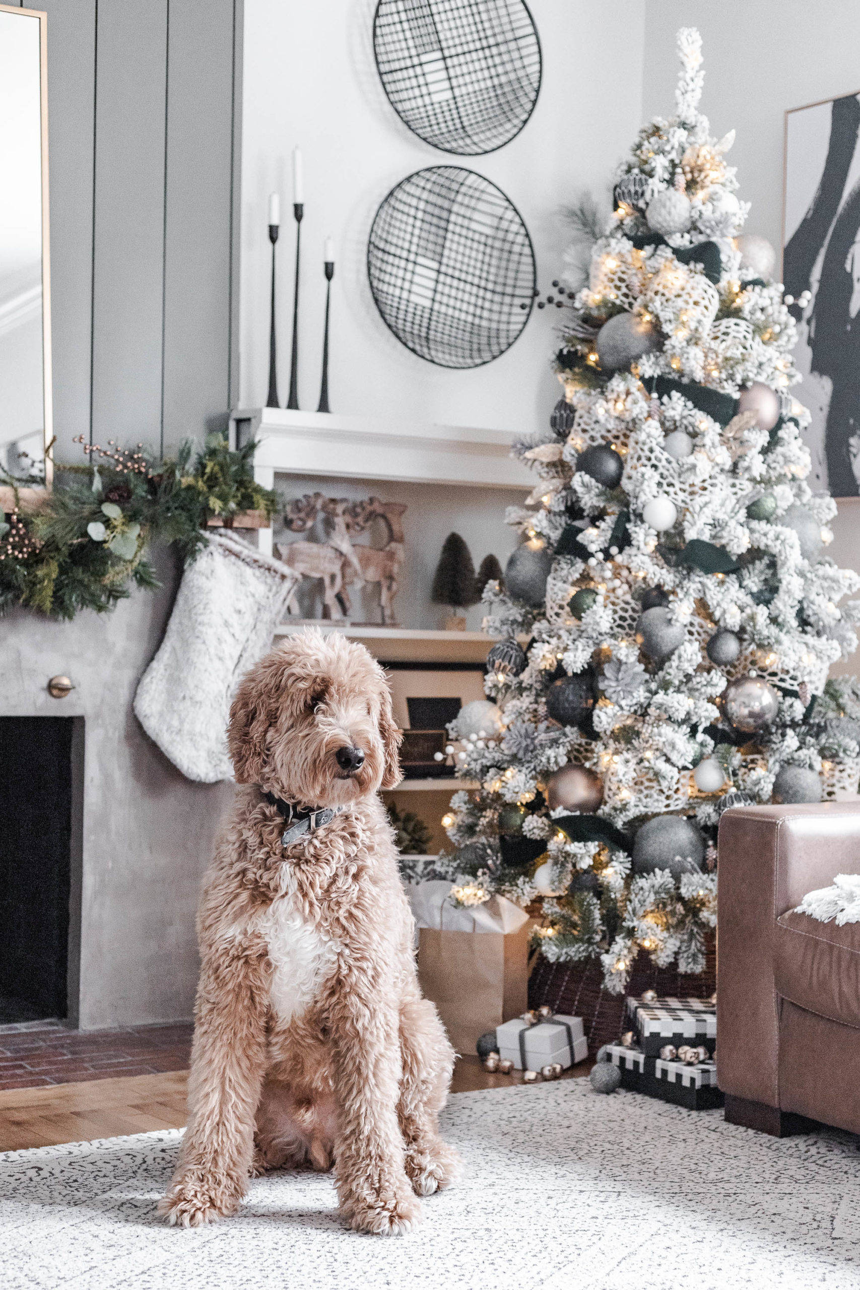 cozy living room, flocked Christmas tree, silver and gold ornaments, 2K Phone Wallpaper