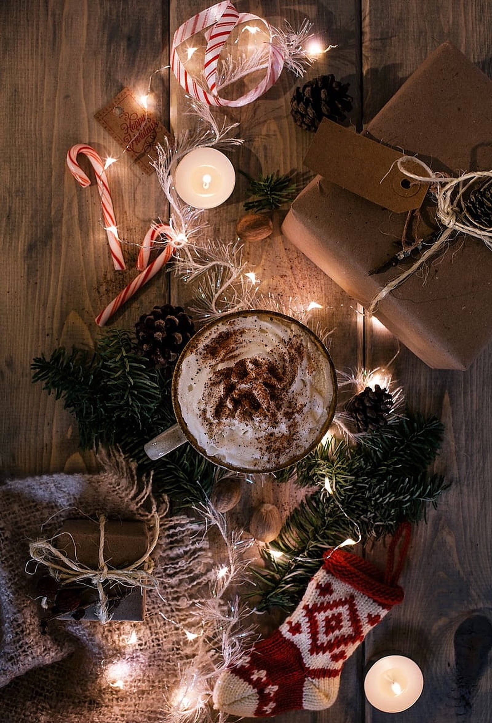 cozy christmas aesthetic, frothy cocoa, twinkling fairy lights, Full HD Phone Wallpaper
