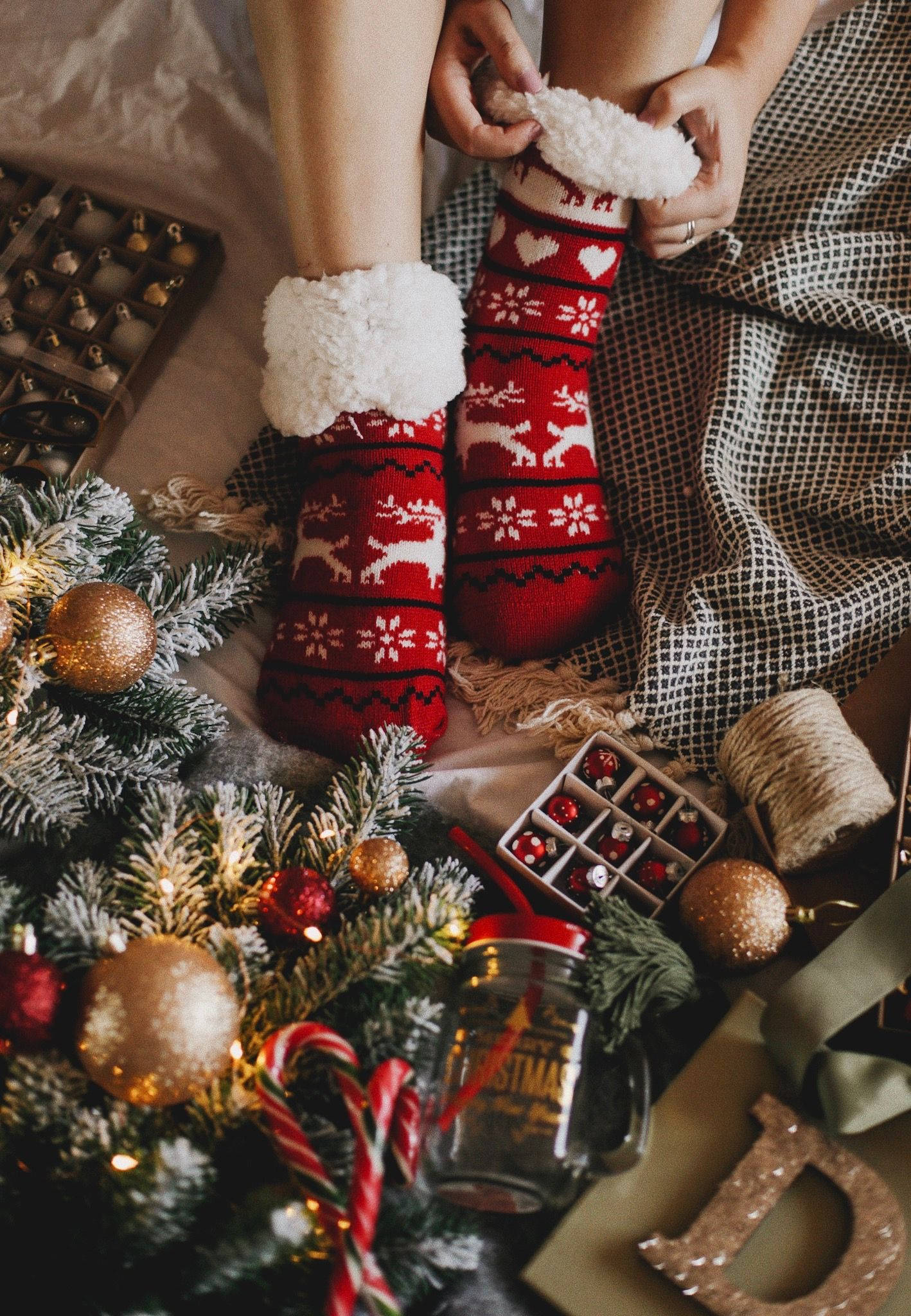Cozy Christmas Aesthetic, red reindeer-patterned socks, Christmas tree, Full HD Phone Wallpaper