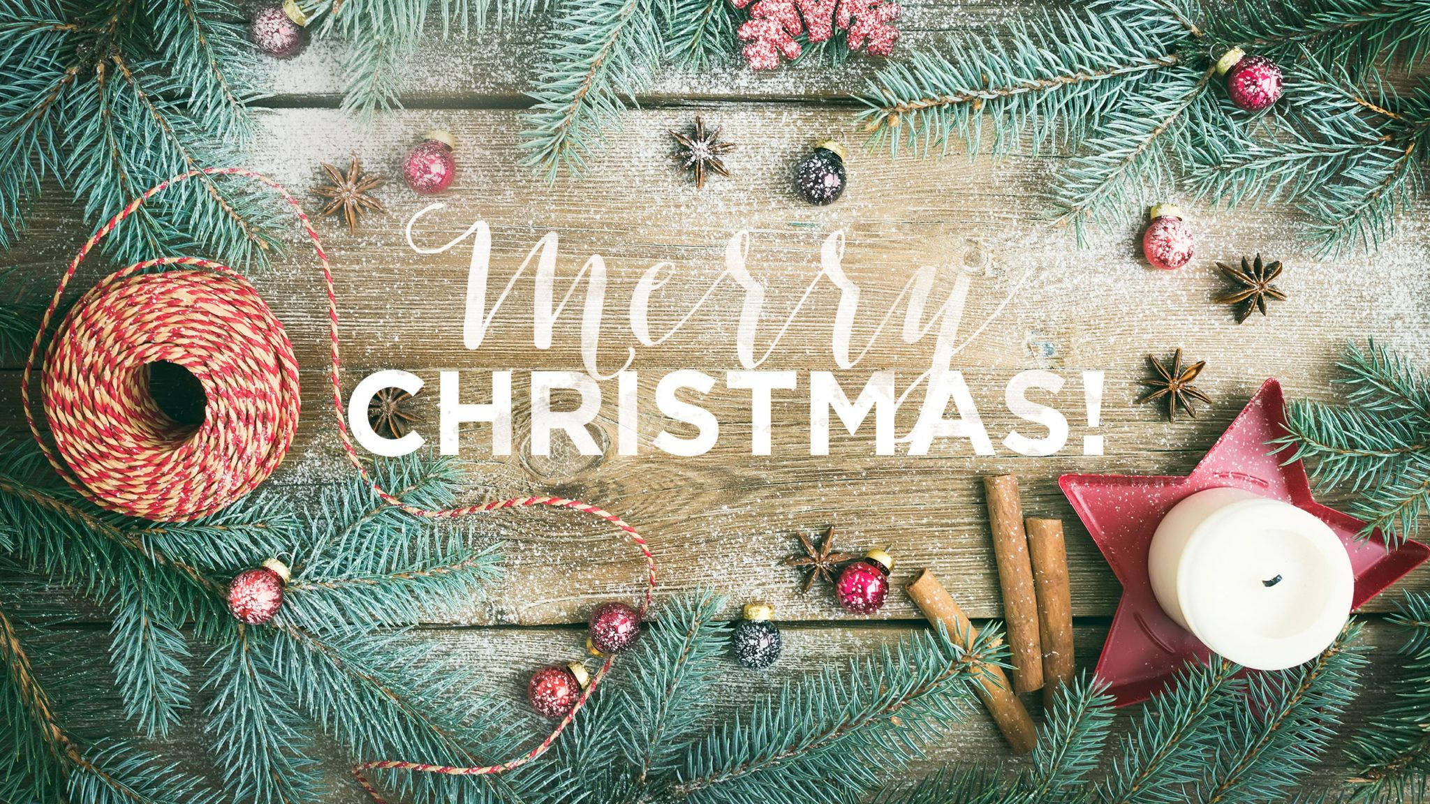 December Christmas Vibes, pine branches, red ornaments, Full HD Desktop Wallpaper