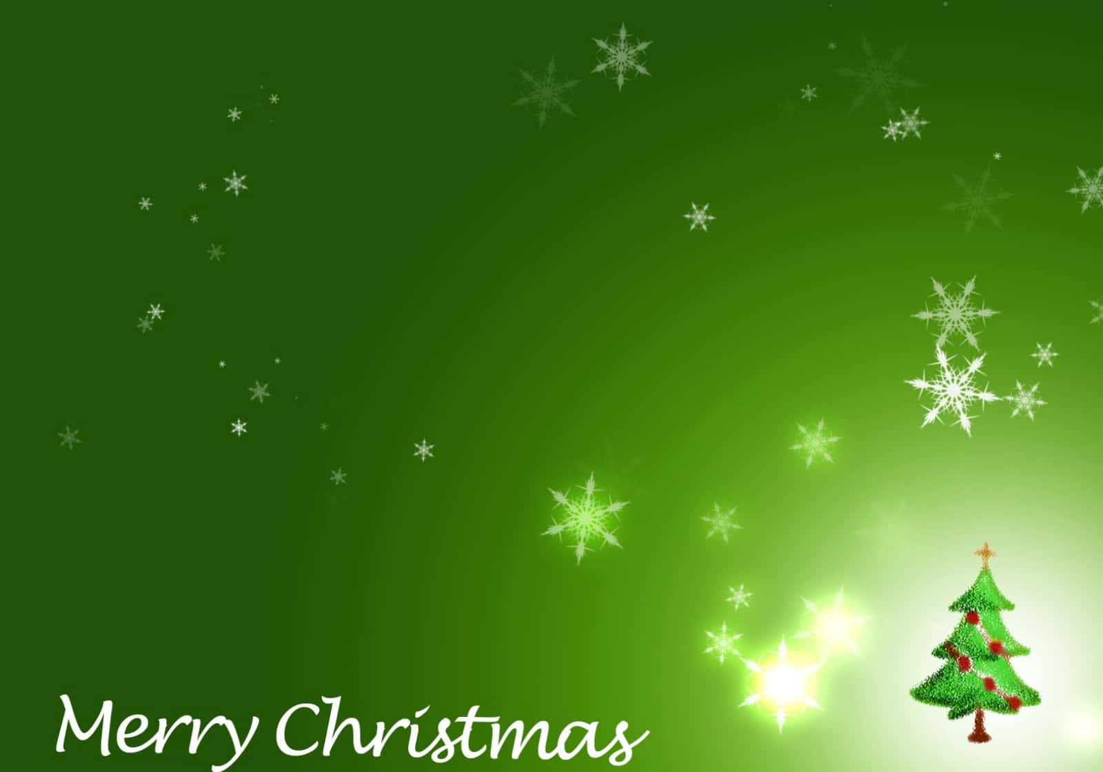 green gradient background, glowing snowflakes, decorated Christmas tree, HD Desktop Wallpaper