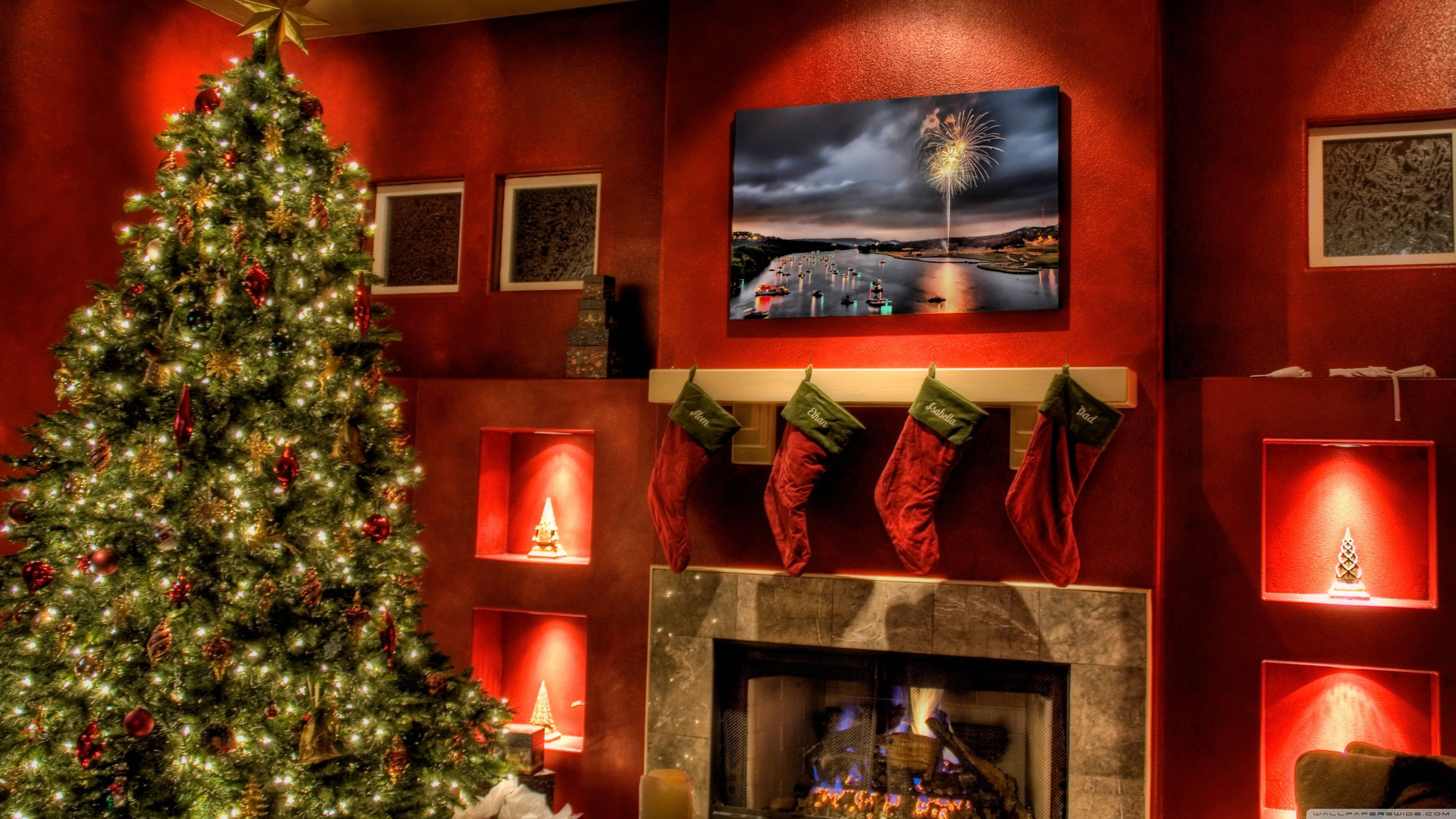 4K Ultra HD, Christmas Tree, fireplace, 4K Desktop Wallpaper