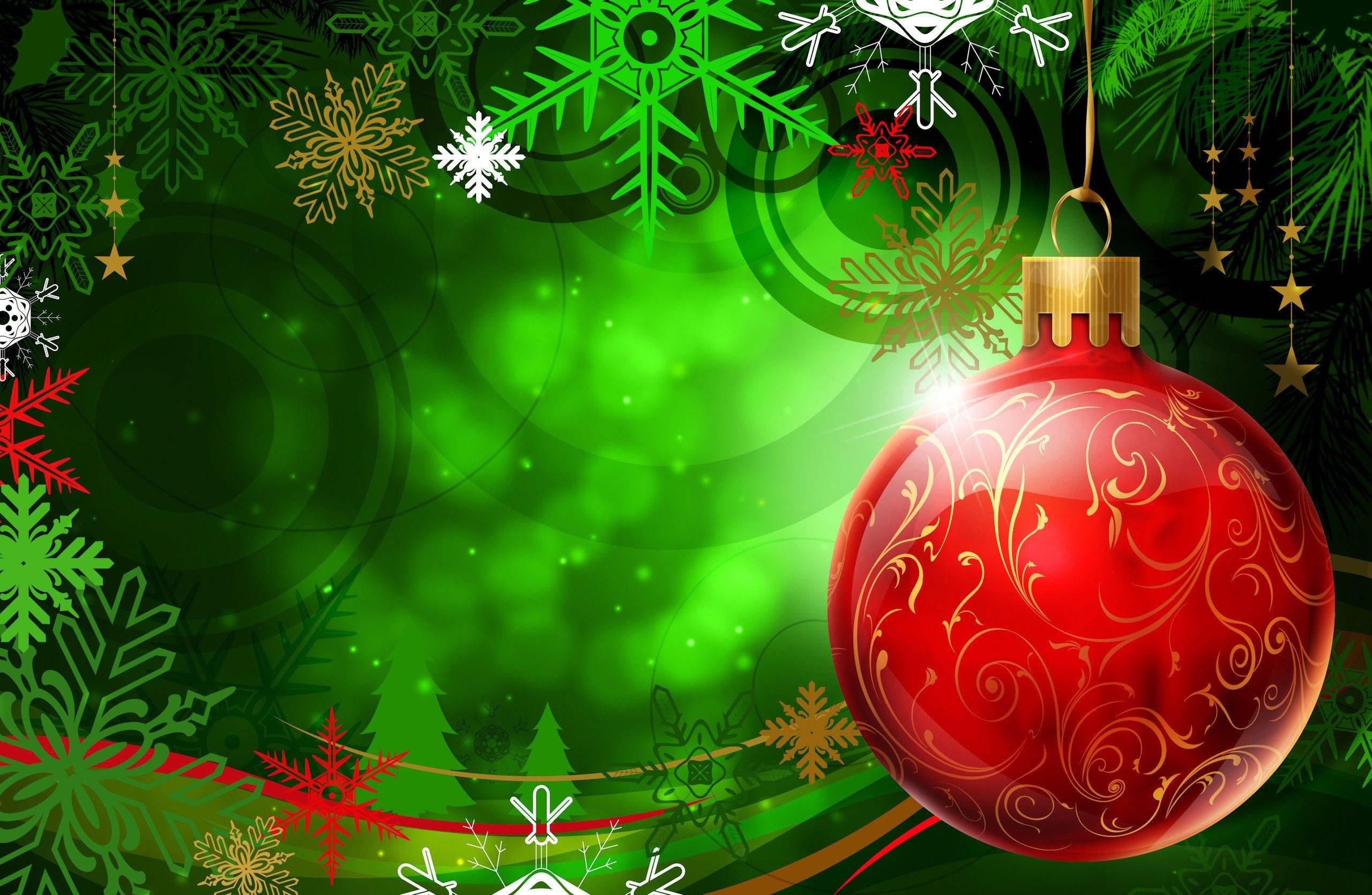 glossy red Christmas ornament, gold swirls, vibrant green background, 2K Desktop Wallpaper