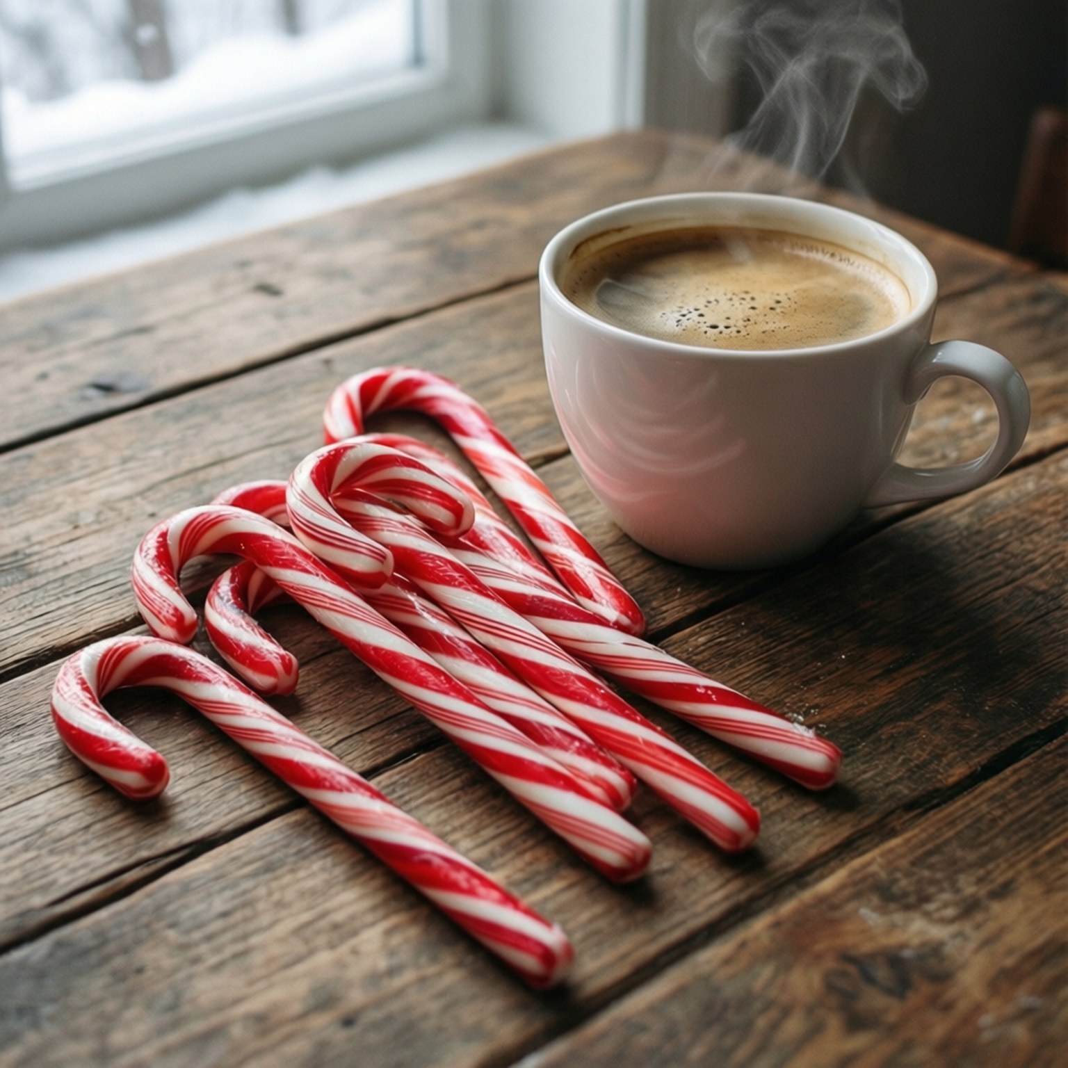 candy canes, coffee, rustic wooden table, HD Desktop Wallpaper