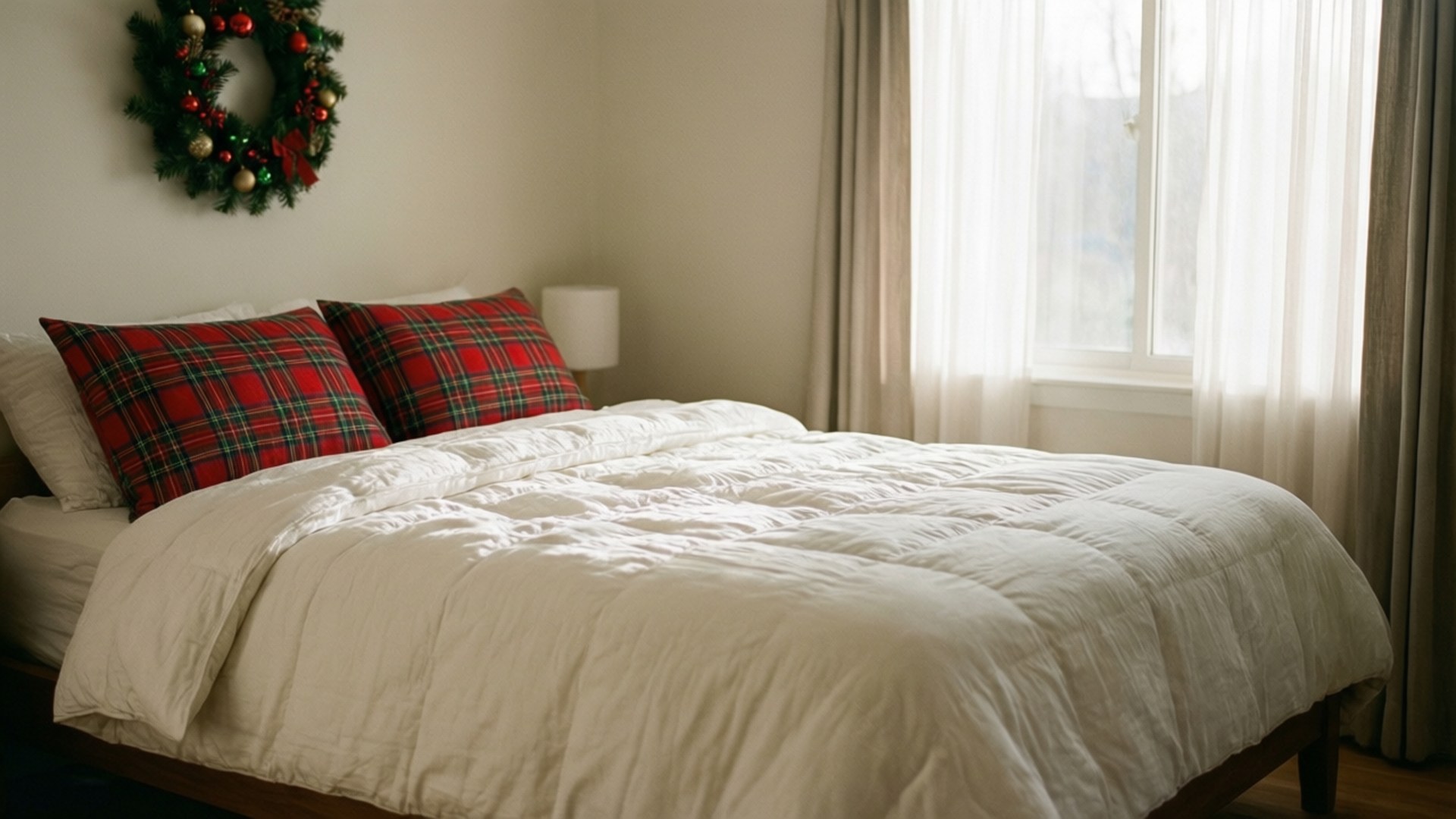 cozy bedroom, white comforter, red plaid pillows, Full HD Desktop Wallpaper