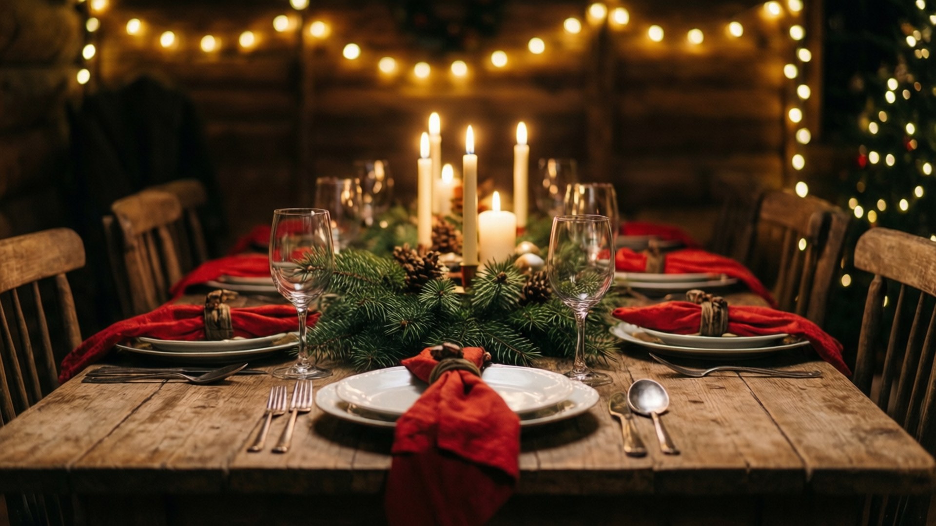 rustic wooden dining table, glowing candles, pinecones, Full HD Desktop Wallpaper