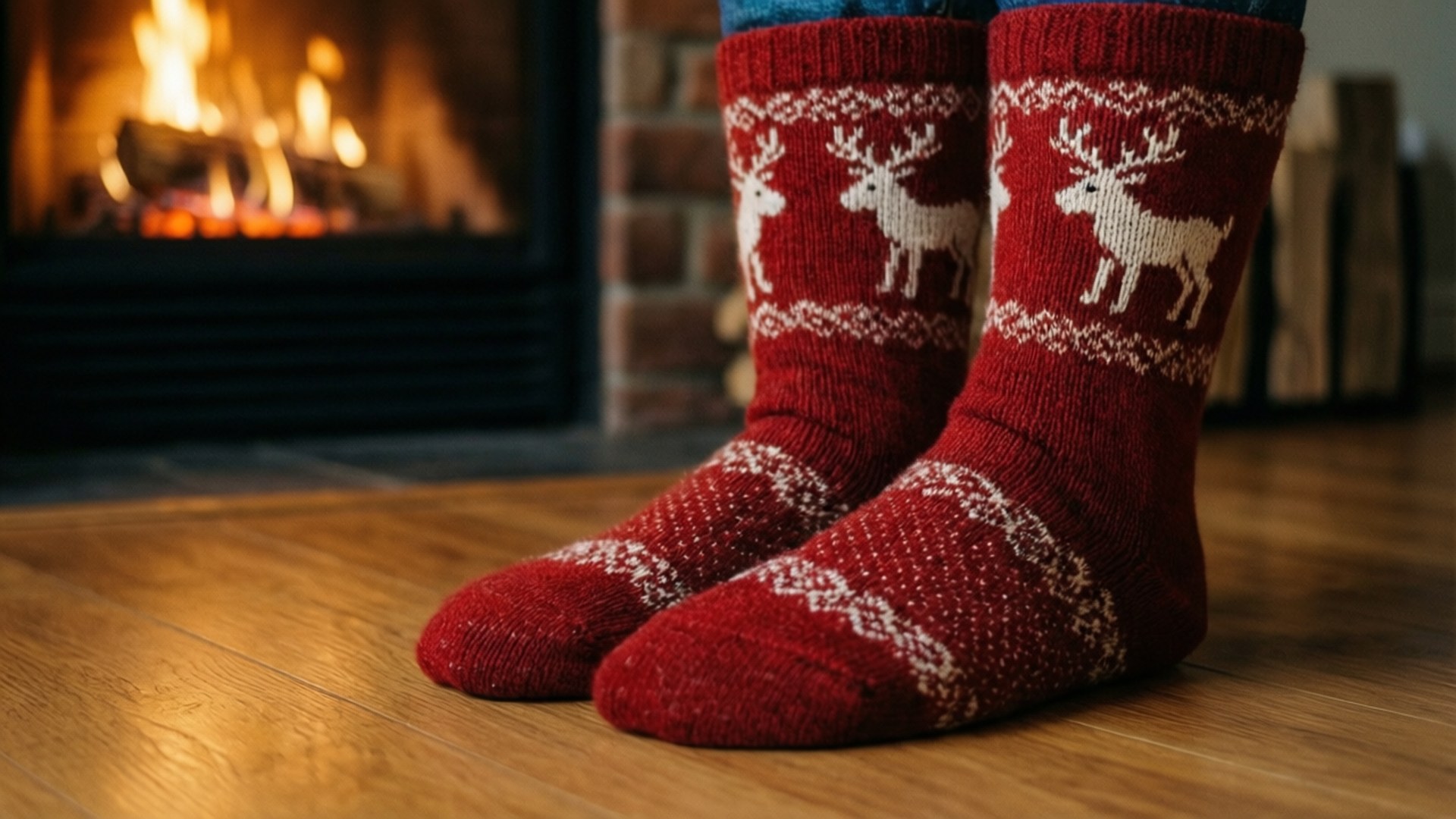 red reindeer-patterned socks, wooden floor, glowing fireplace, Full HD Desktop Wallpaper