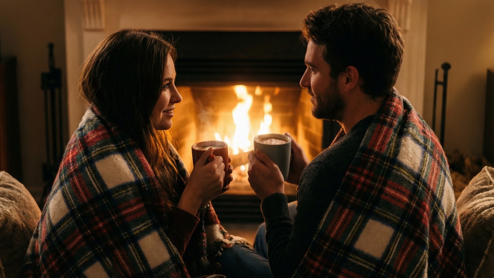 couple, fireplace, plaid blankets, Full HD Desktop Wallpaper