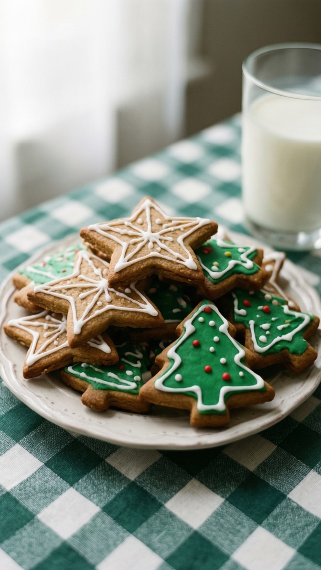 star-shaped gingerbread cookies, tree-shaped gingerbread cookies, green white and red icing, Full HD Phone Wallpaper